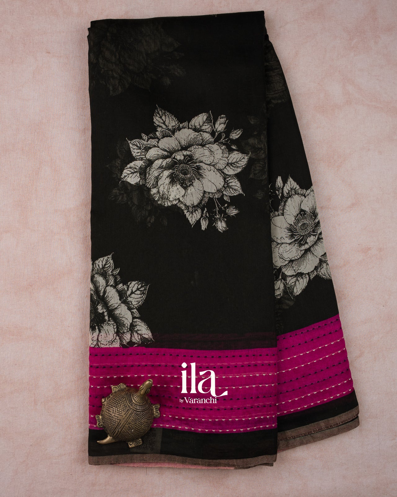 Black Floral Digital Printed Pure Chanderi Silk Cotton Saree