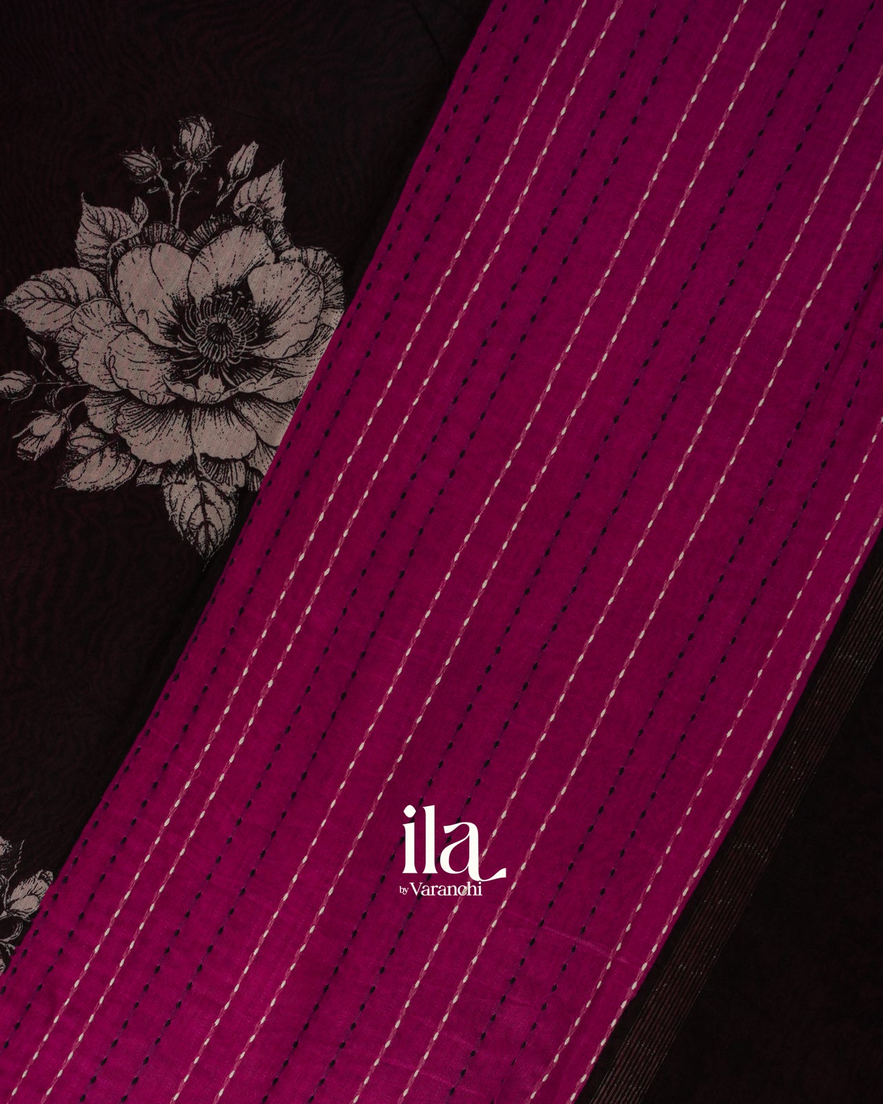 Black Floral Digital Printed Pure Chanderi Silk Cotton Saree