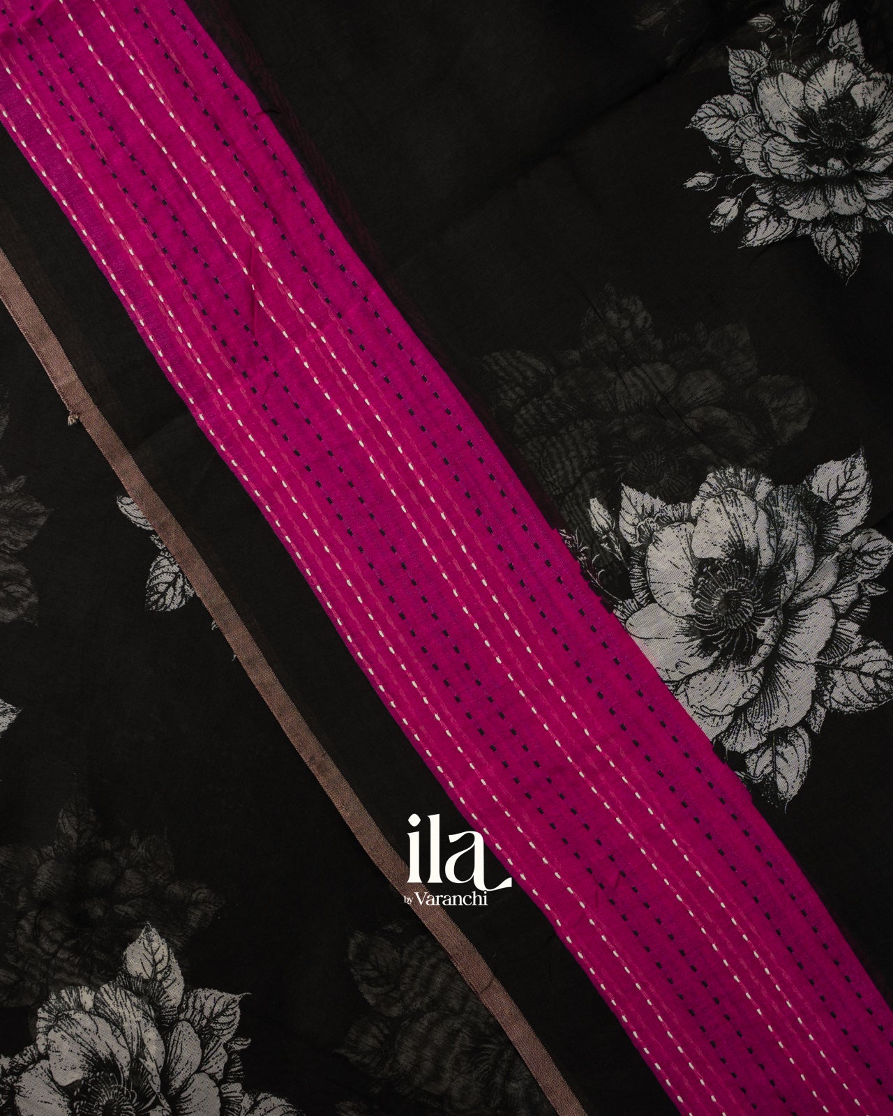 Black Floral Digital Printed Pure Chanderi Silk Cotton Saree