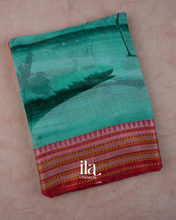 Teal Green Nature Print Pure Kota Cotton Saree