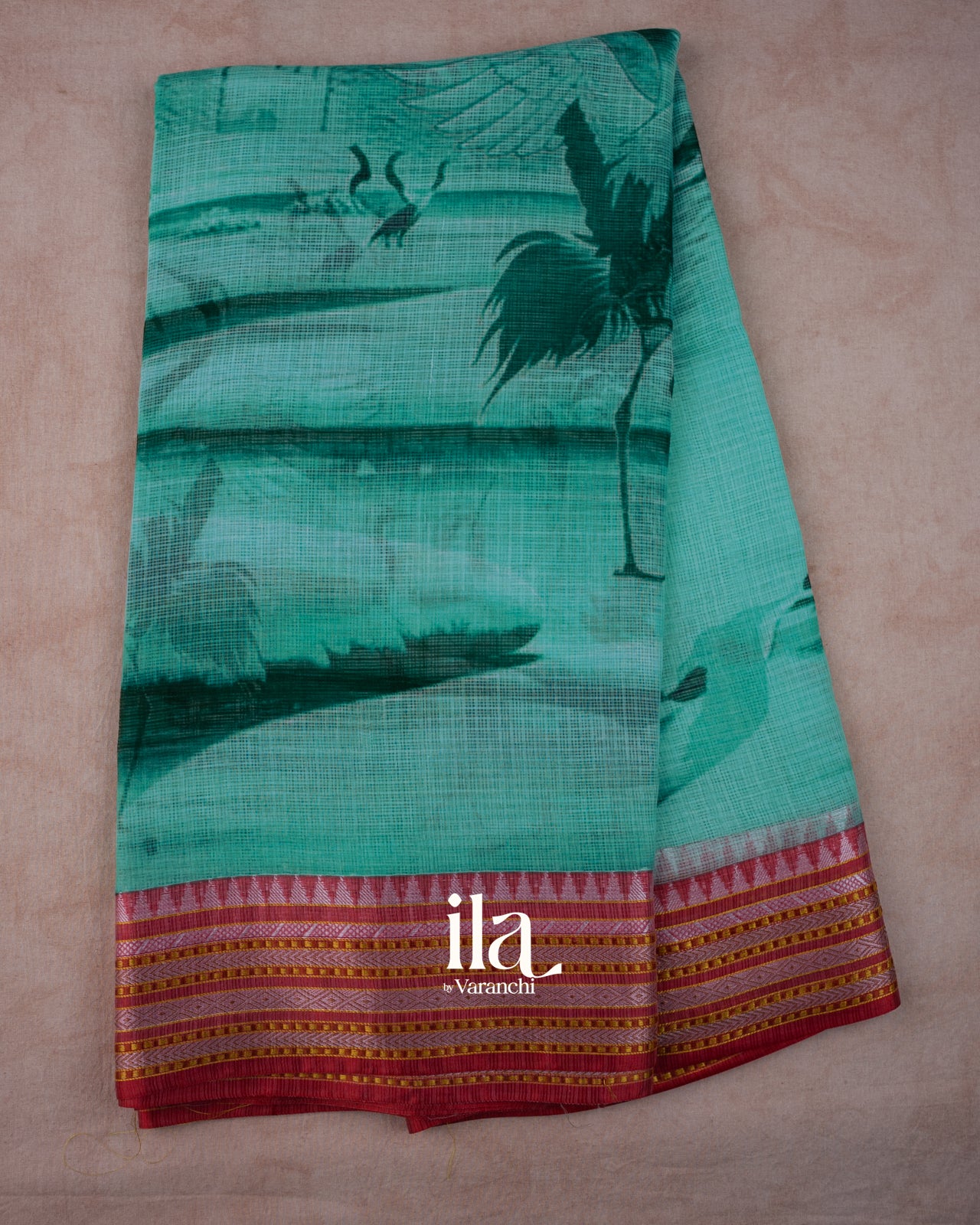 Teal Green Nature Print Pure Kota Cotton Saree