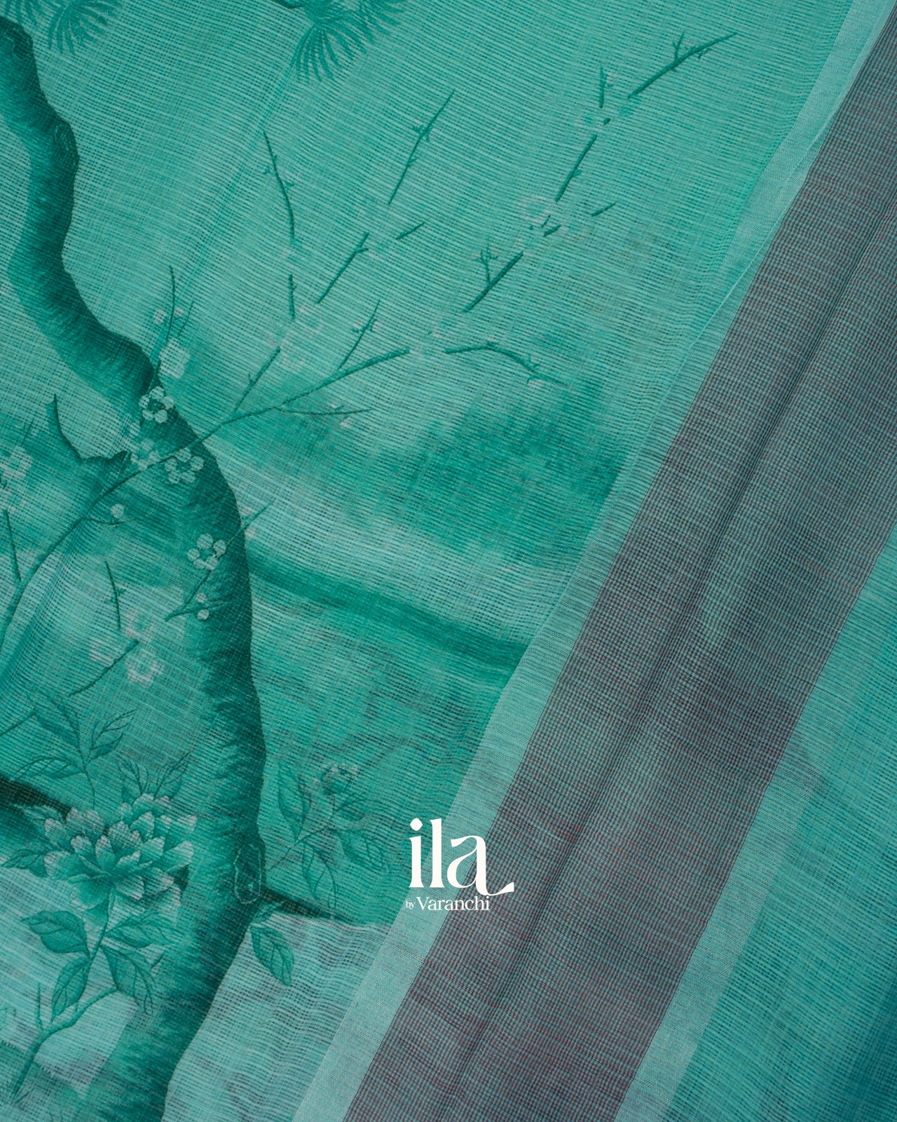 Teal Green Nature Print Pure Kota Cotton Saree