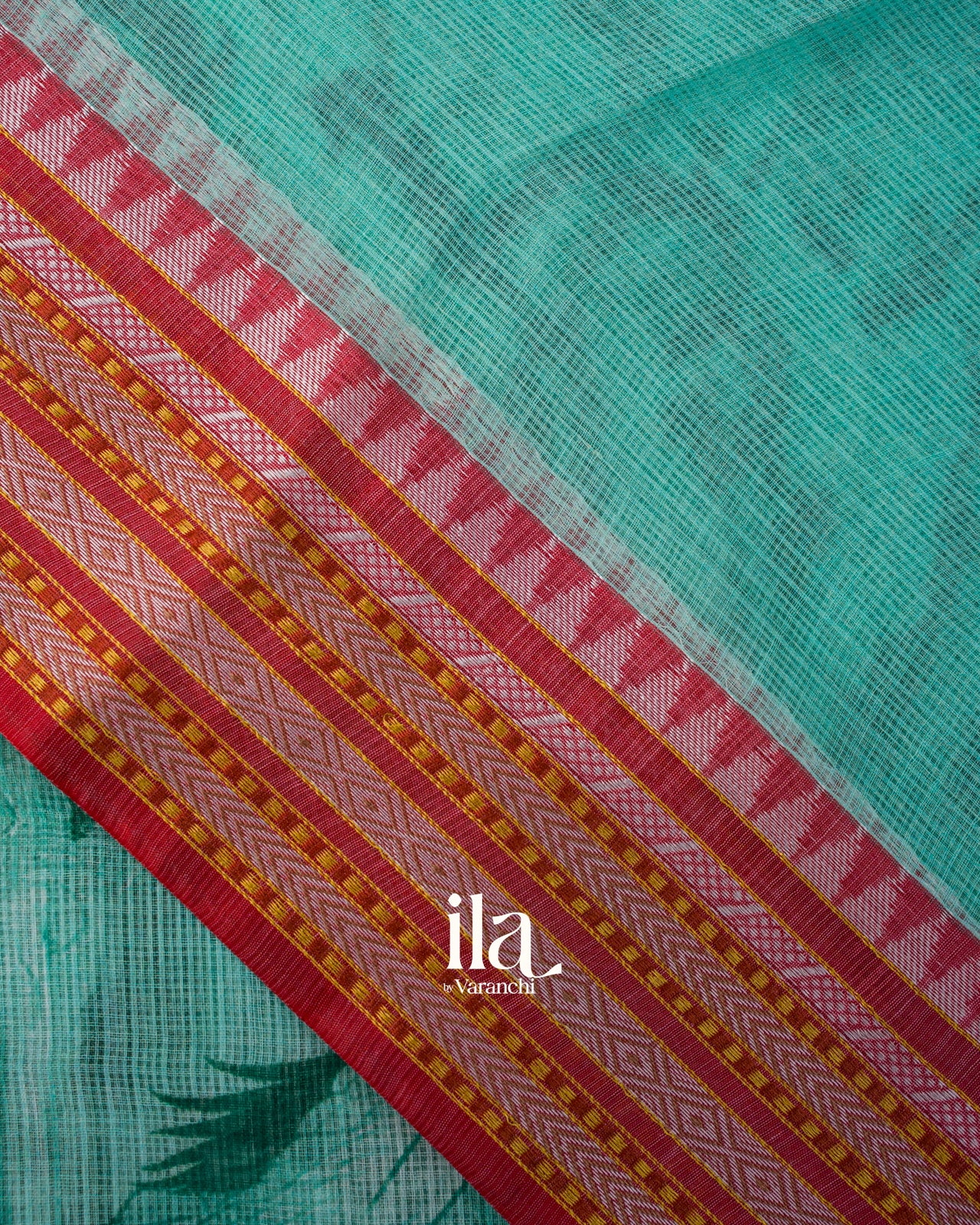 Teal Green Nature Print Pure Kota Cotton Saree