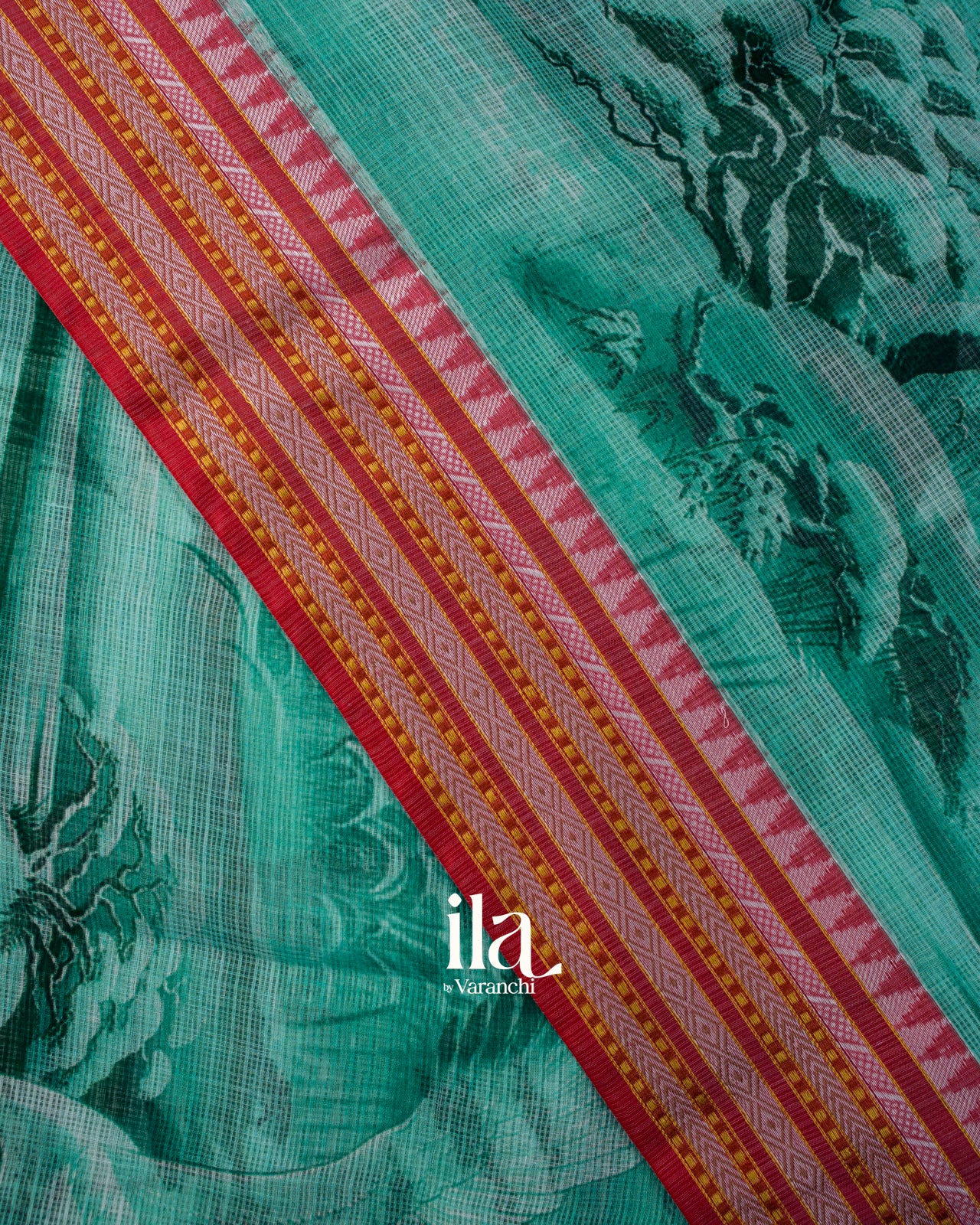 Teal Green Nature Print Pure Kota Cotton Saree
