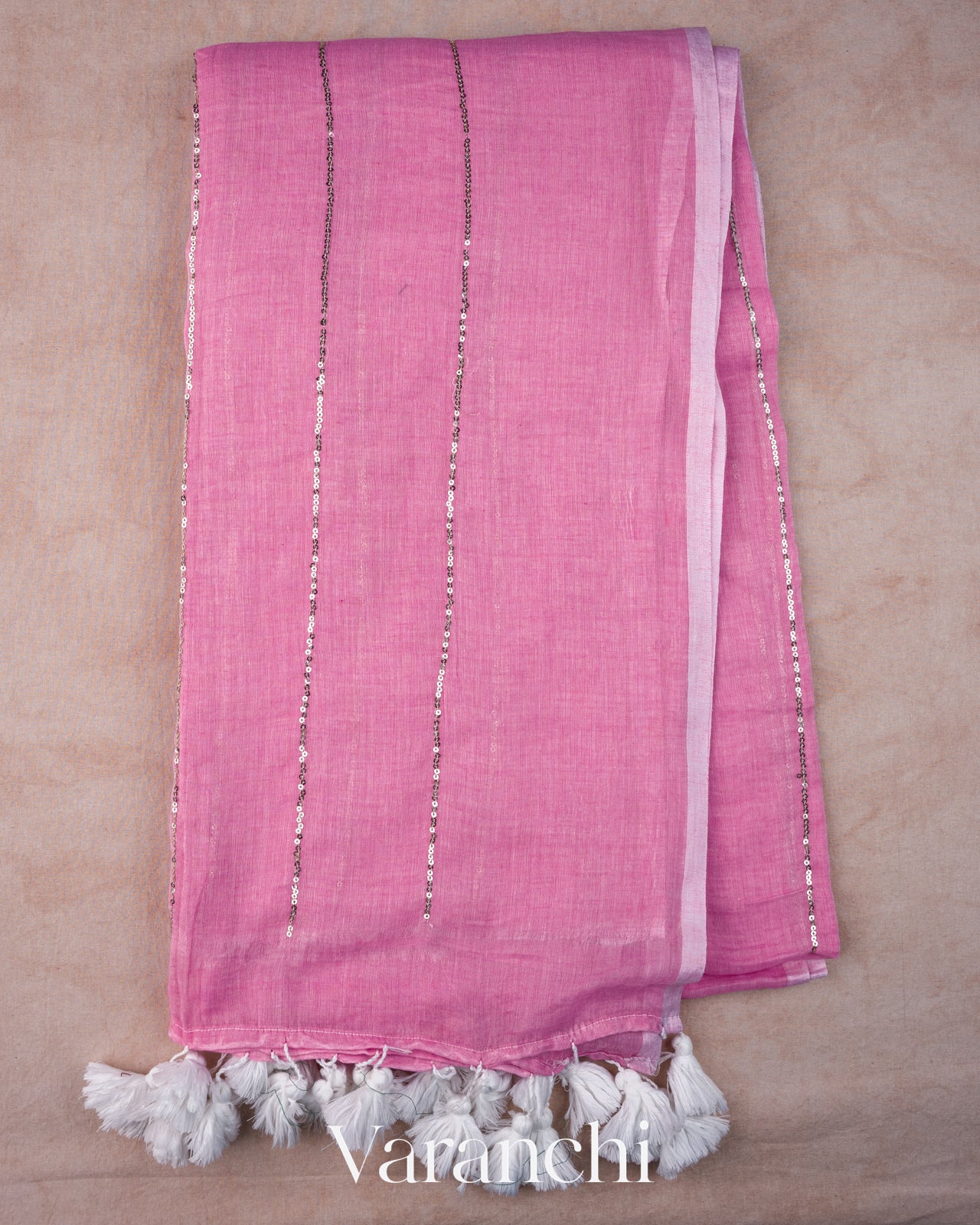 Rose Pink Sequin Striped Pure Mul Cotton Saree