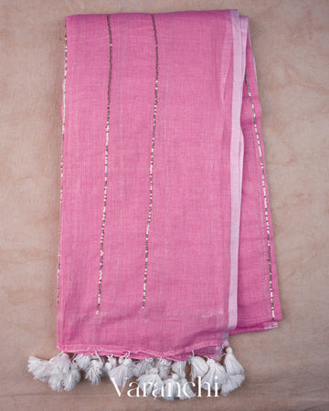 Rose Pink Sequin Striped Pure Mul Cotton Saree