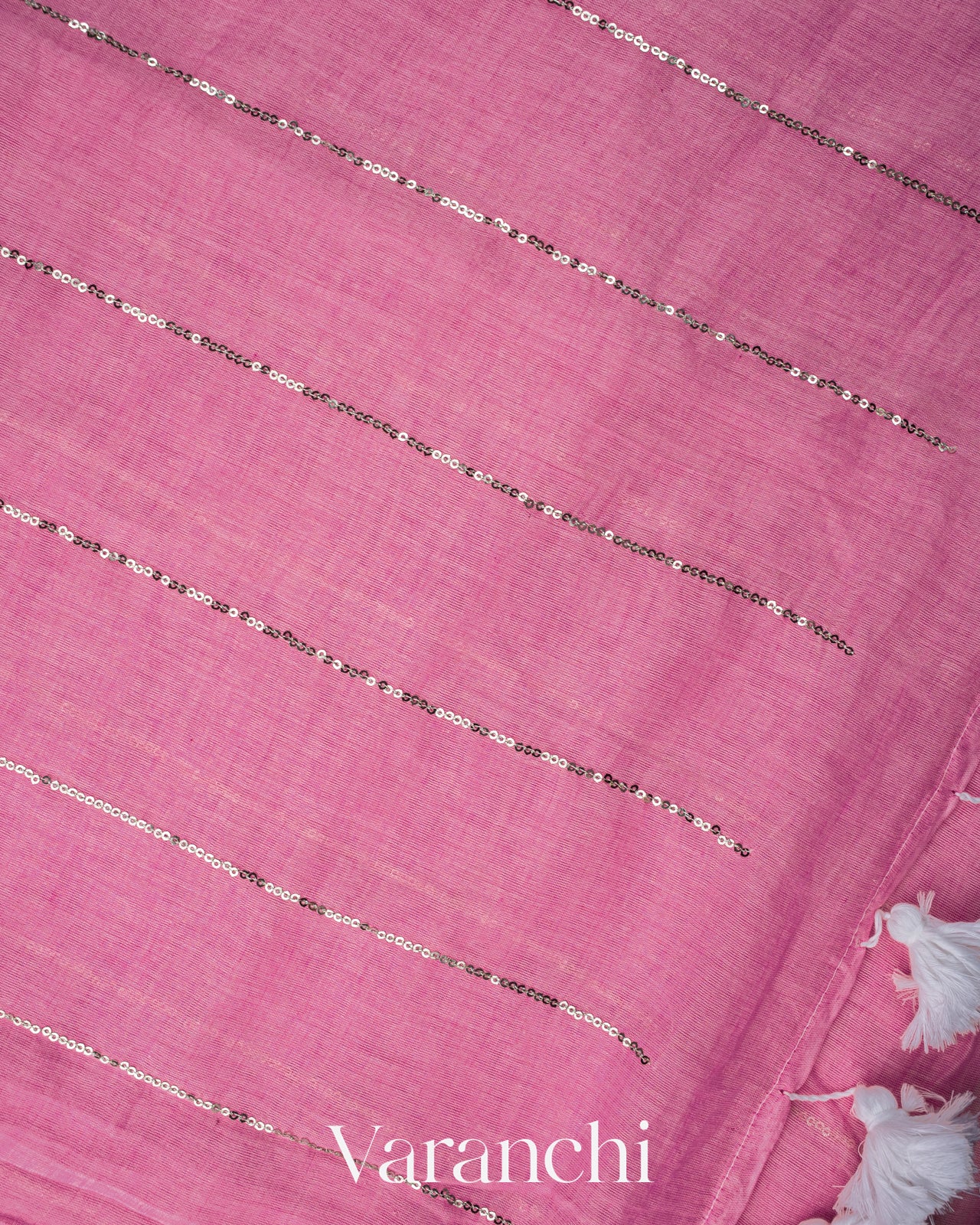 Rose Pink Sequin Striped Pure Mul Cotton Saree