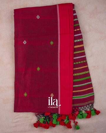 Deep Maroon Bhujodi Inspired Embroidered Cotton Saree