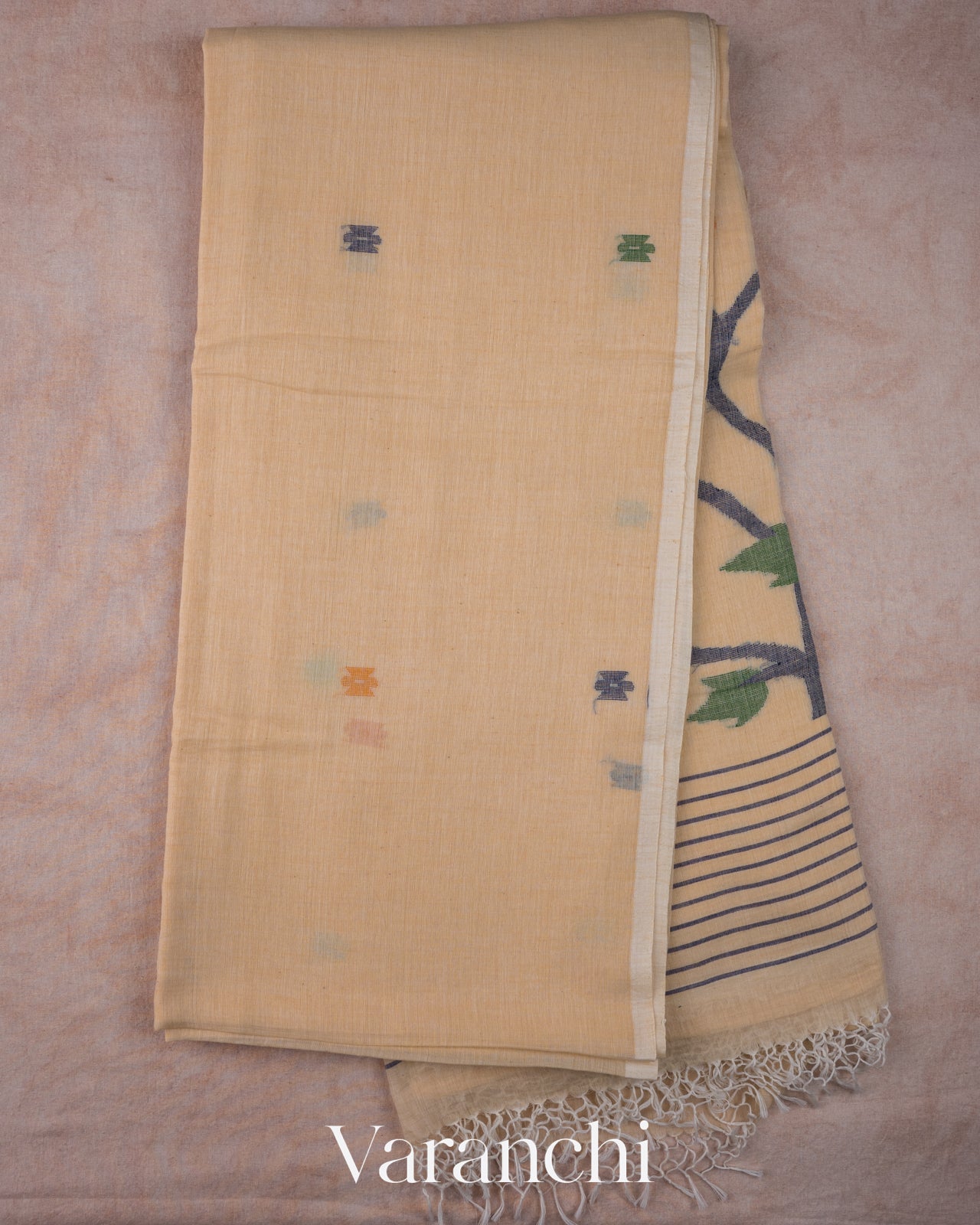 Cream Jamdani Pure Mul Mul Cotton Handloom Saree