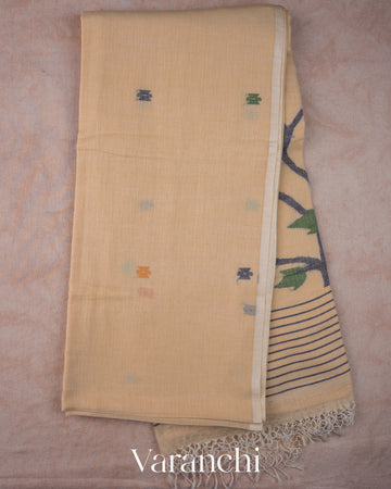 Cream Jamdani Pure Mul Mul Cotton Handloom Saree