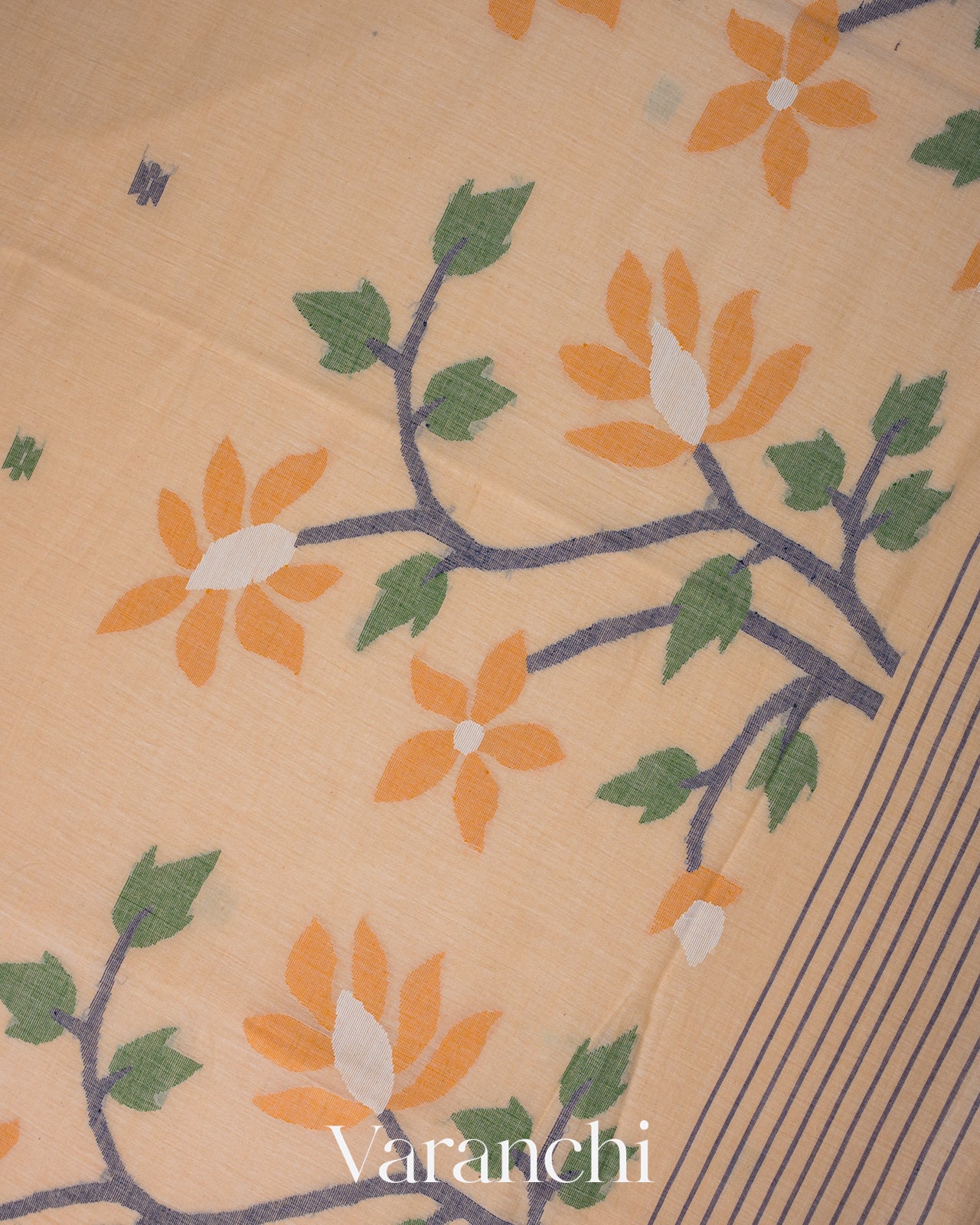 Cream Jamdani Pure Mul Mul Cotton Handloom Saree