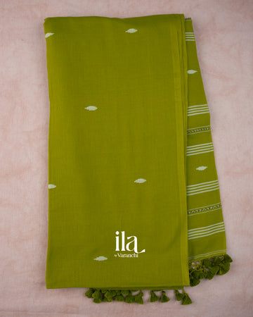Olive Green Pure Mul Mul Cotton Saree