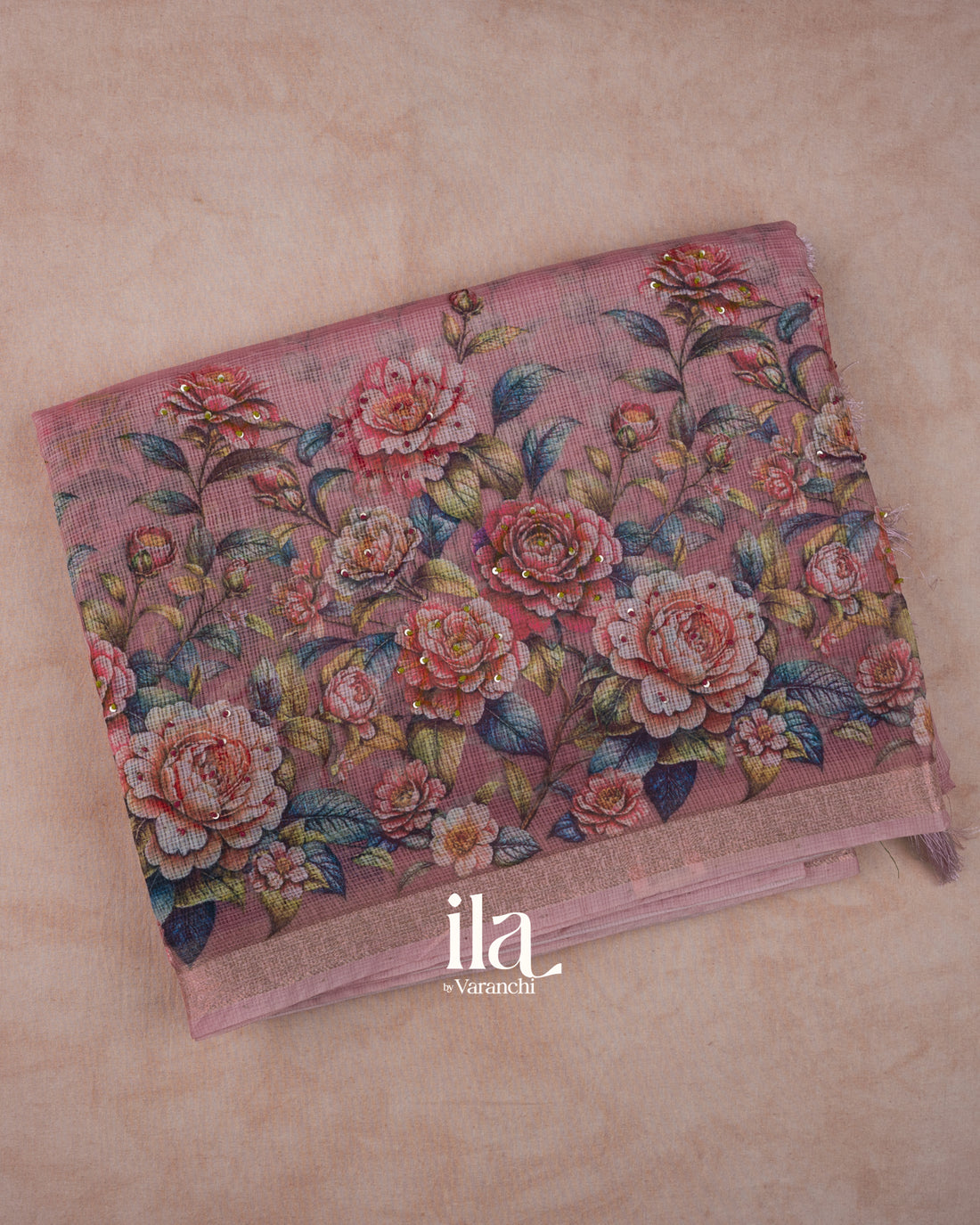 Dusty Pink Floral Printed Semi Kota Saree