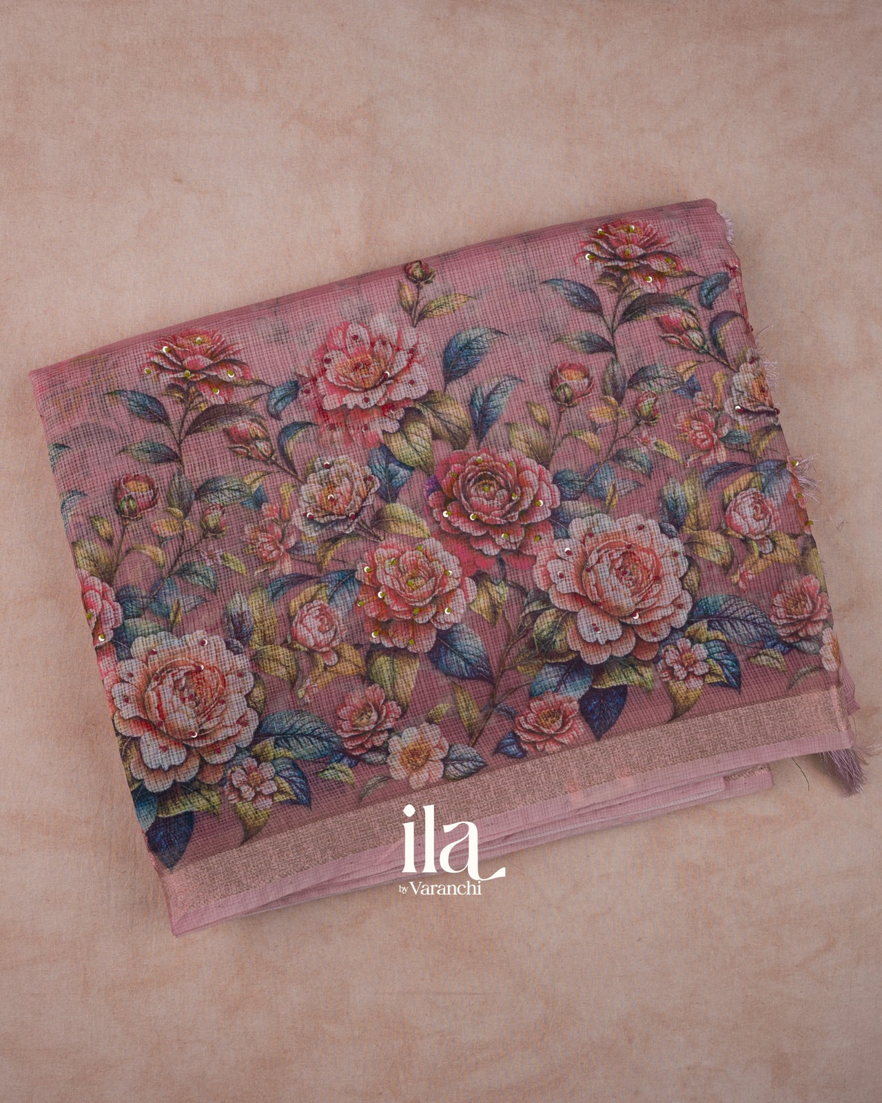 Dusty Pink Floral Printed Semi Kota Saree