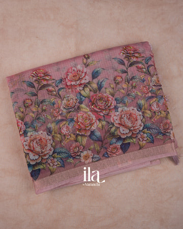 Dusty Pink Floral Printed Semi Kota Saree