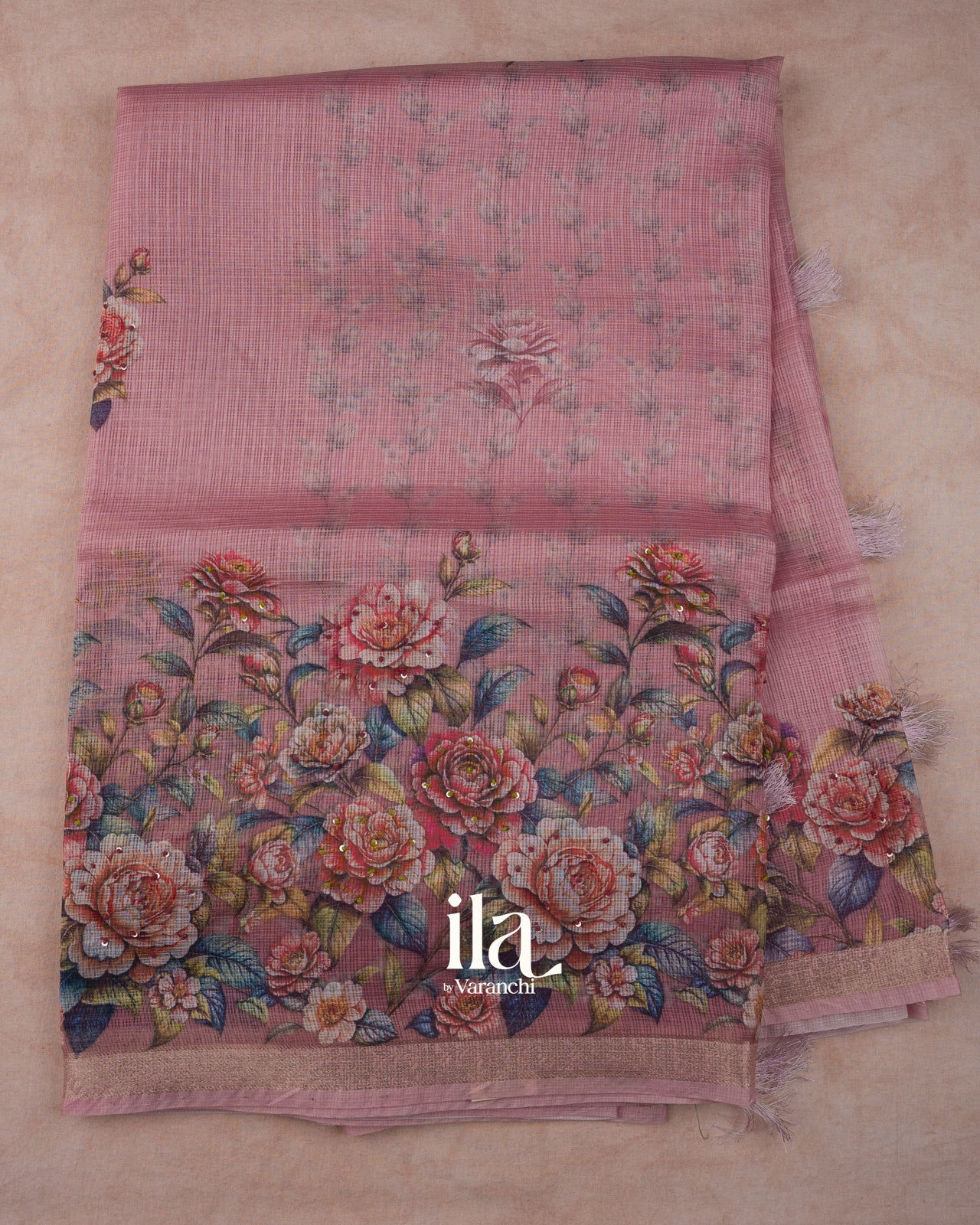 Dusty Pink Floral Printed Semi Kota Saree