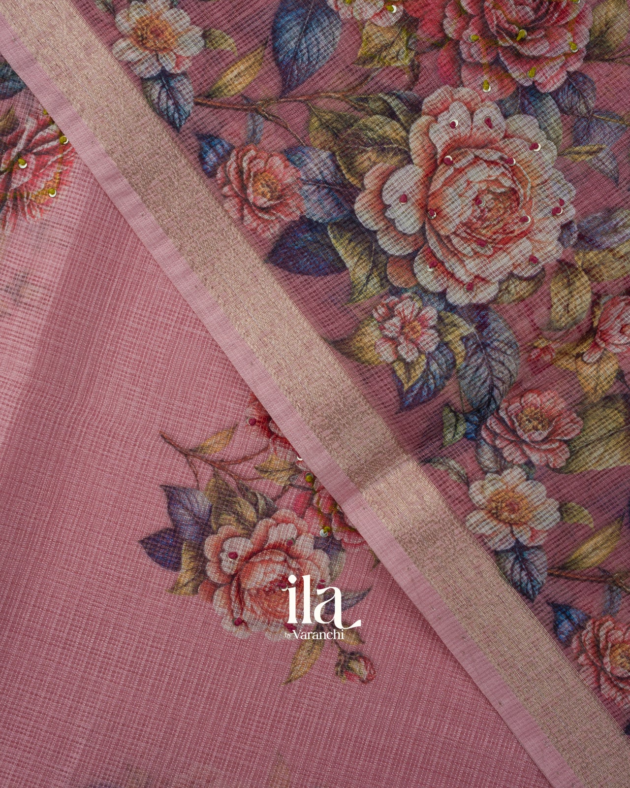 Dusty Pink Floral Printed Semi Kota Saree