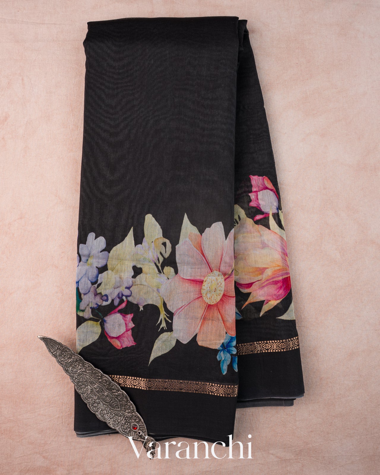 Black Floral Digital Printed Pure Soft Cotton Saree