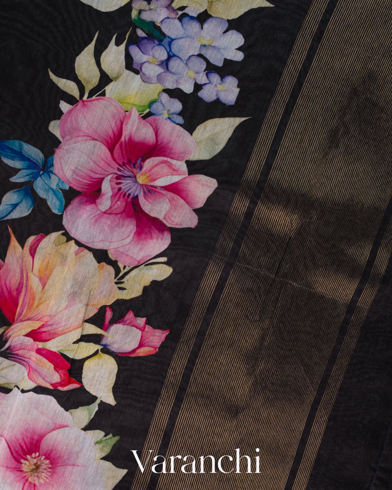Black Floral Digital Printed Pure Soft Cotton Saree