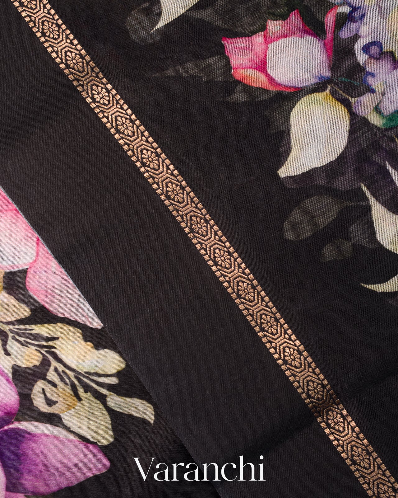 Black Floral Digital Printed Pure Soft Cotton Saree