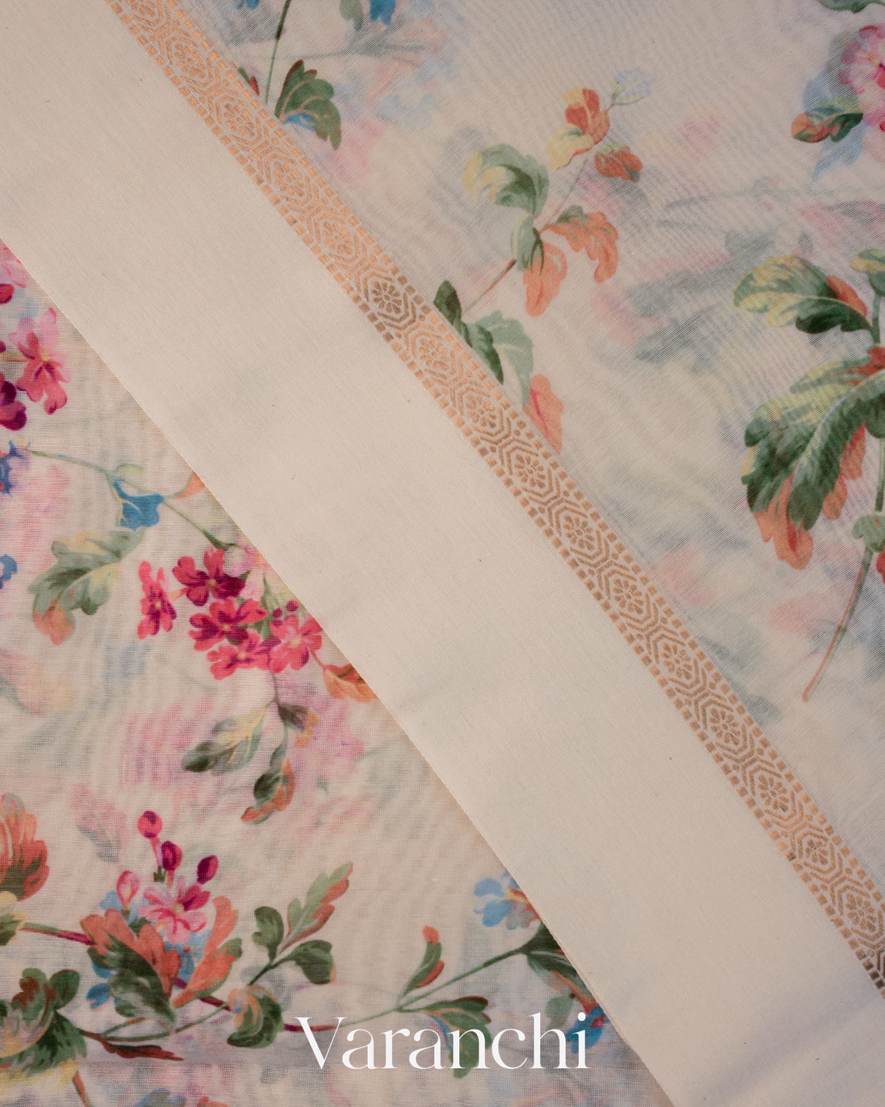 Off-White Floral Printed Cotton Saree
