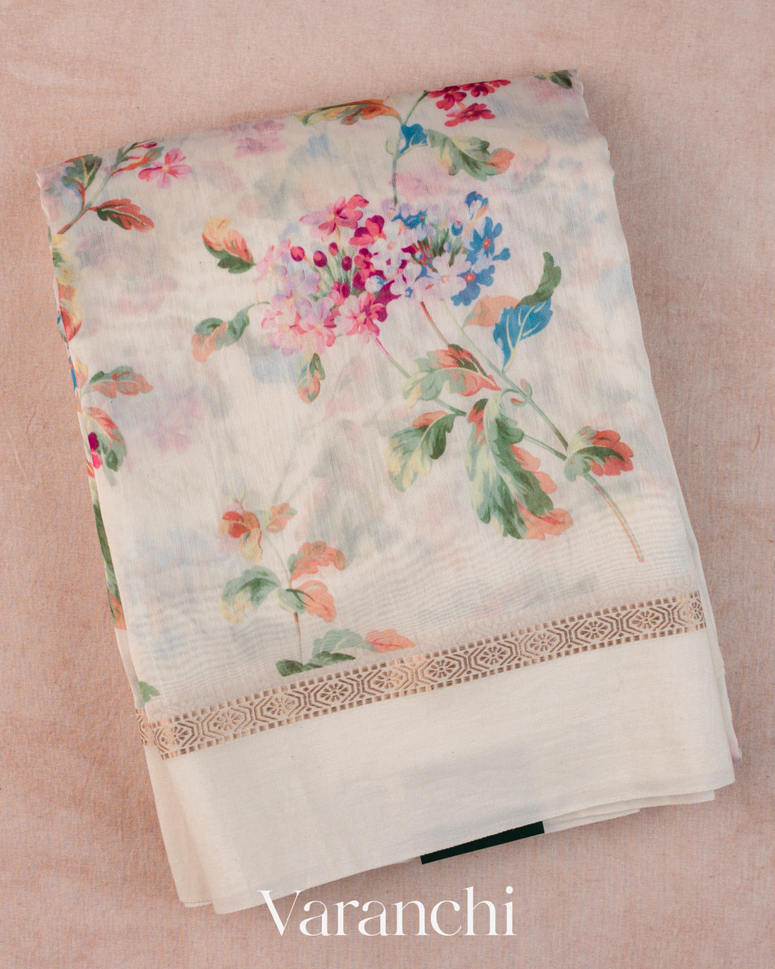 Off-White Floral Printed Cotton Saree