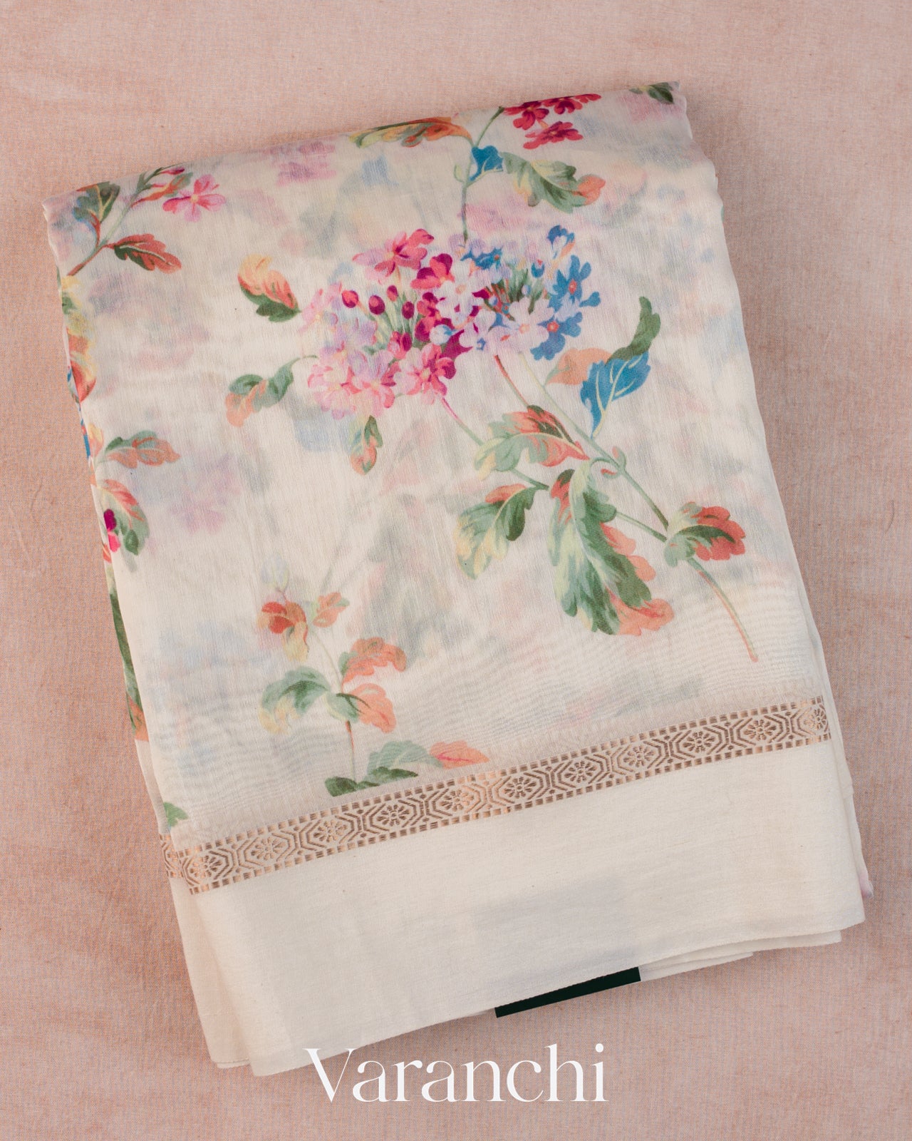 Off-White Floral Printed Cotton Saree