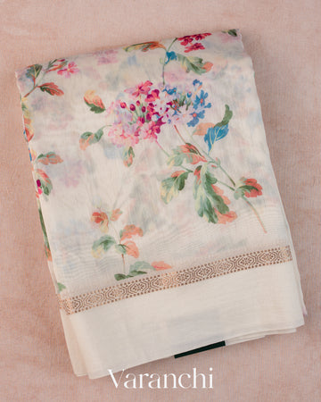 Off-White Floral Printed Cotton Saree