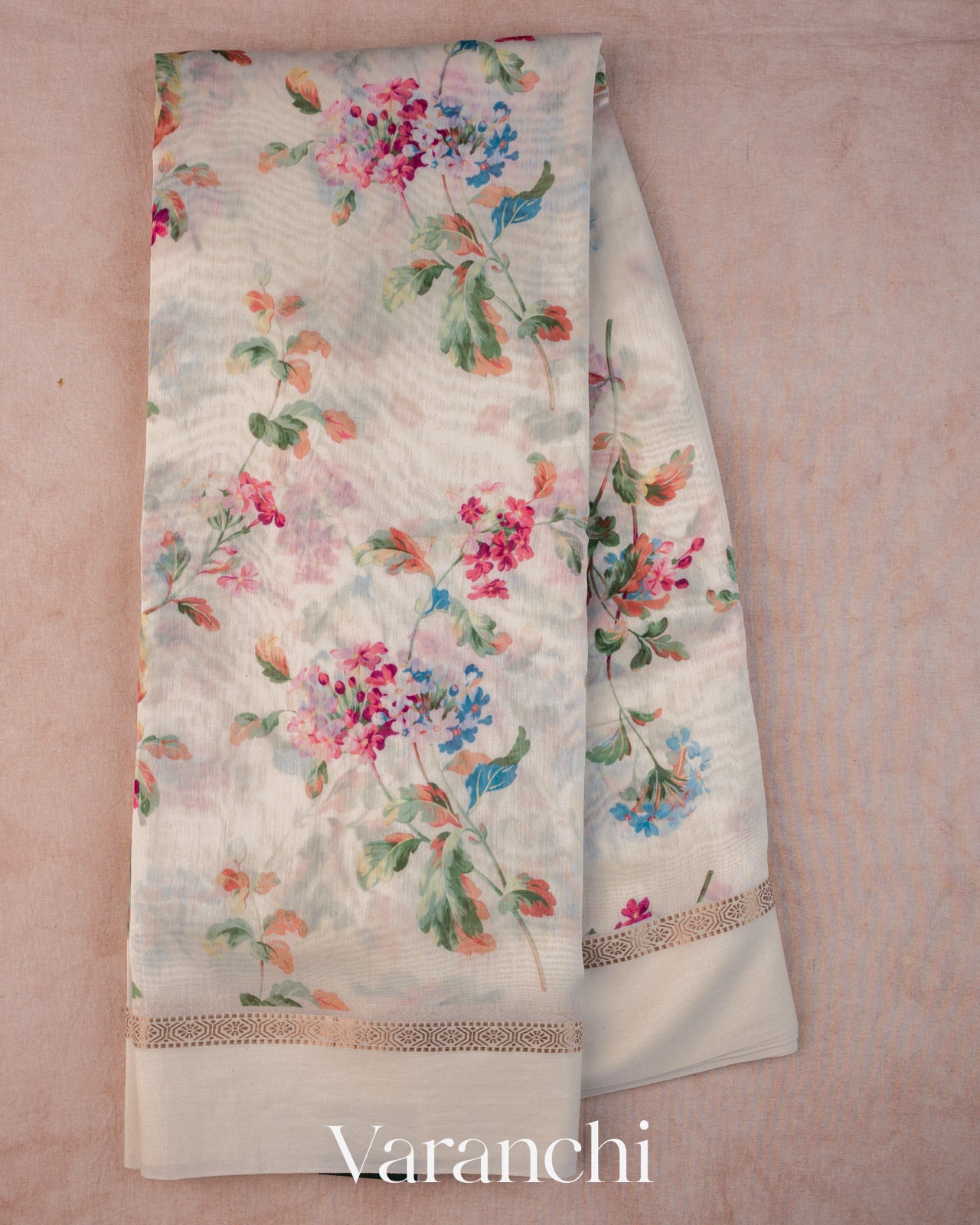Off-White Floral Printed Cotton Saree