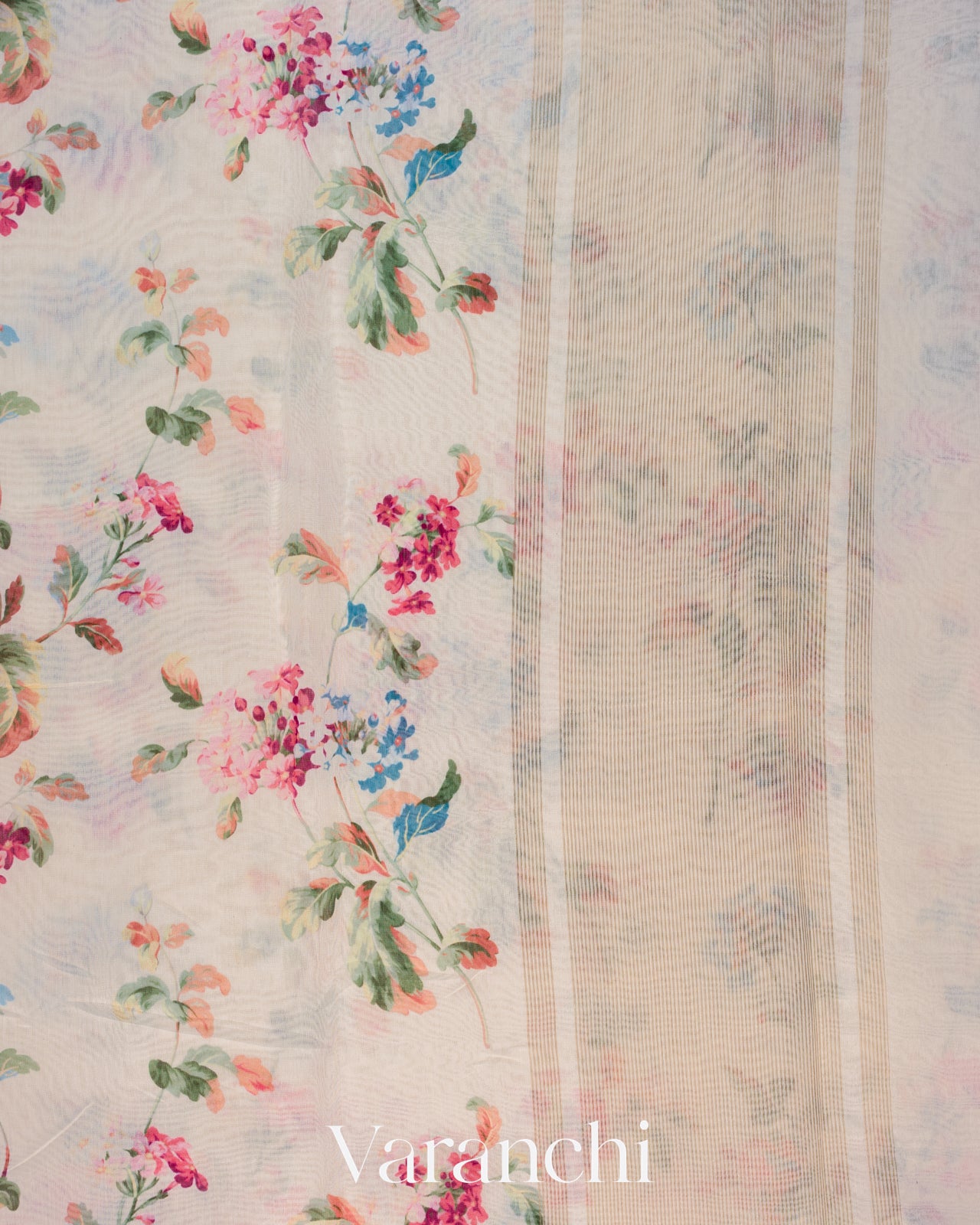 Off-White Floral Printed Cotton Saree