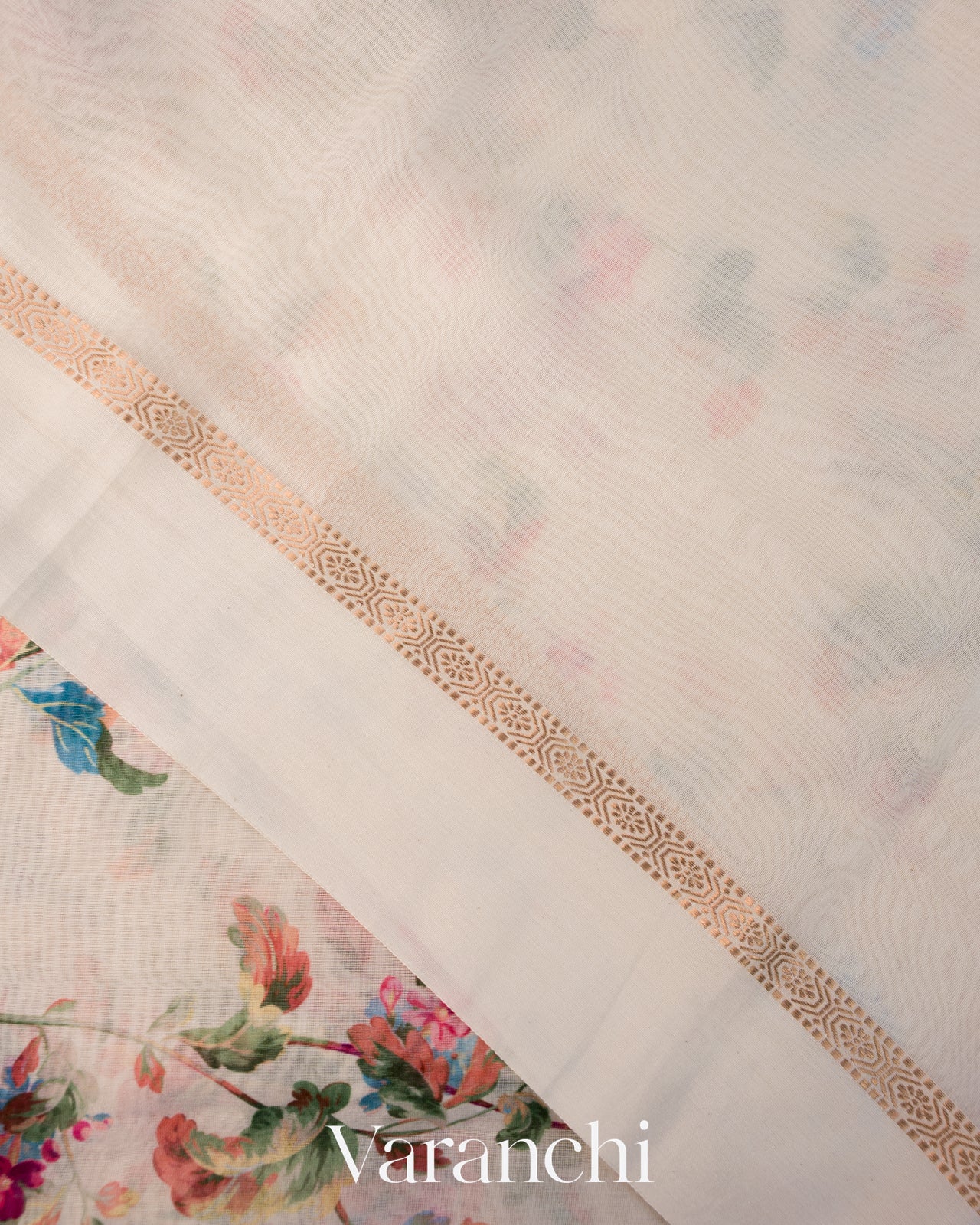 Off-White Floral Printed Cotton Saree