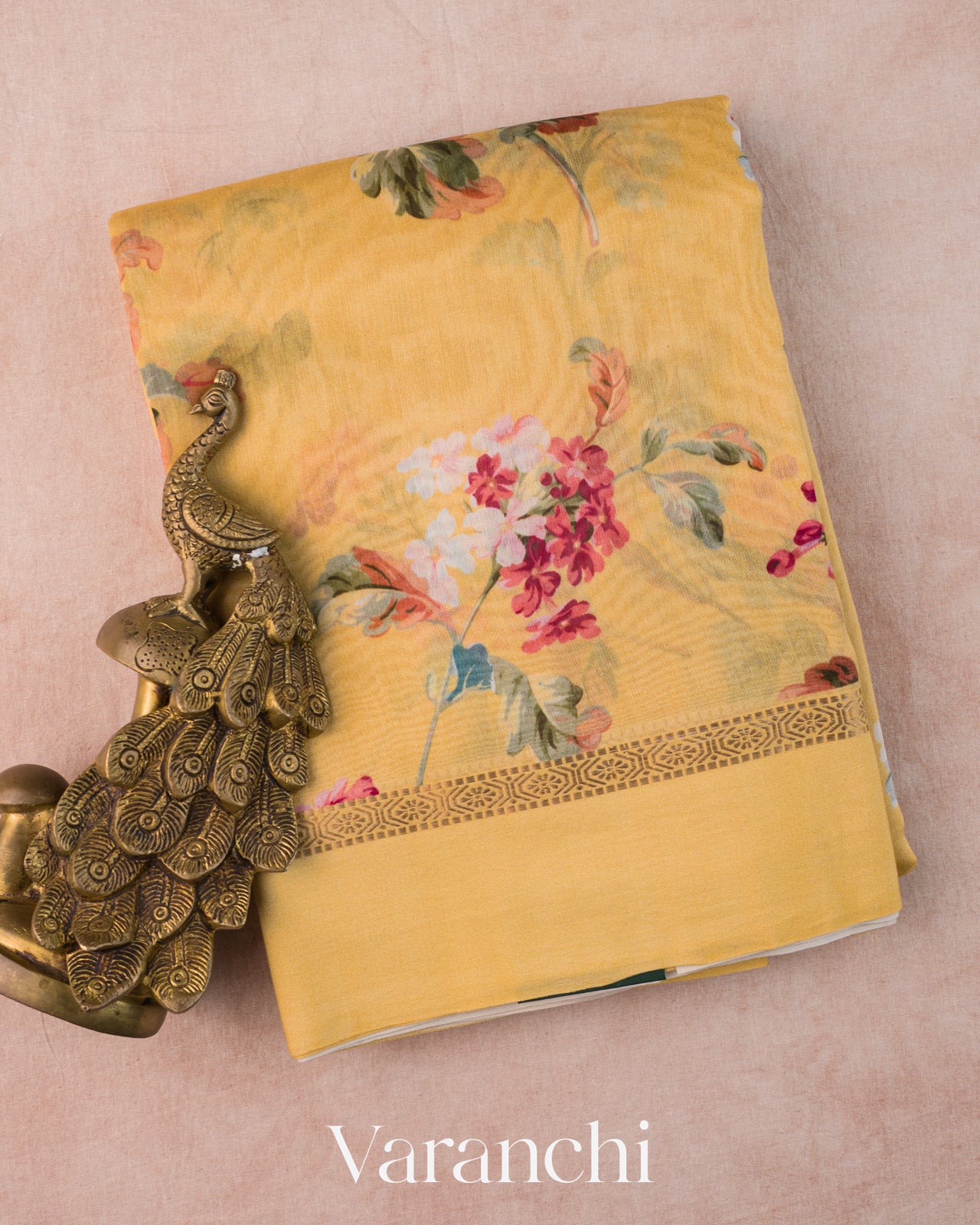 Mustard Yellow Floral Digital Printed Pure Soft Cotton Saree