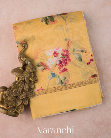 Mustard Yellow Floral Digital Printed Pure Soft Cotton Saree