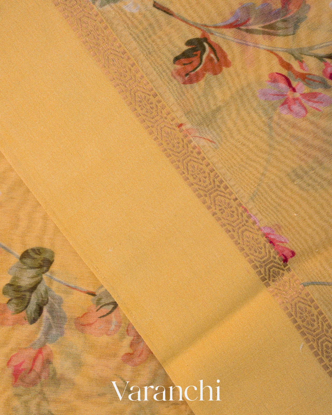 Mustard Yellow Floral Digital Printed Pure Soft Cotton Saree