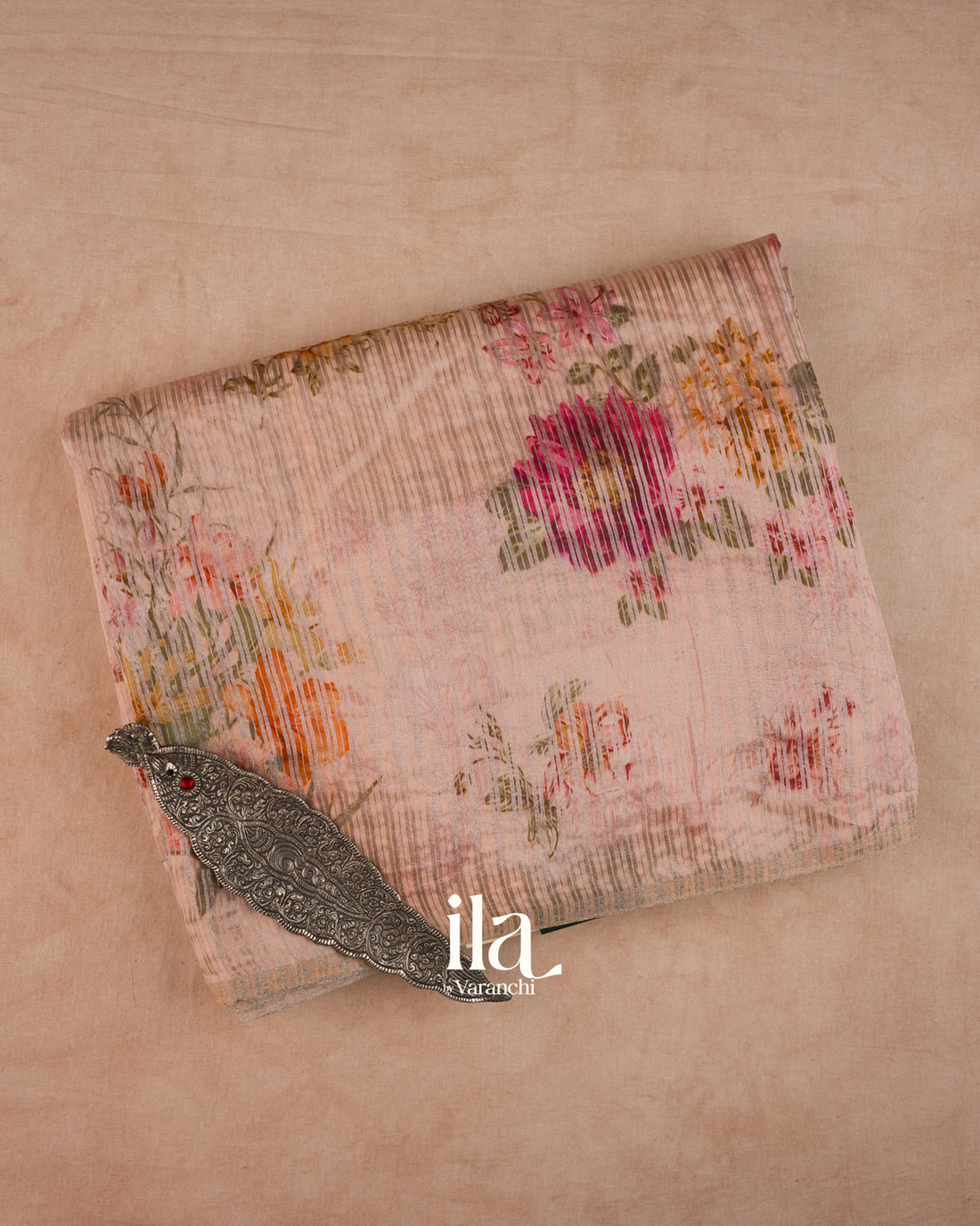 Blush Pink Striped and Floral Printed Cotton Tissue Saree