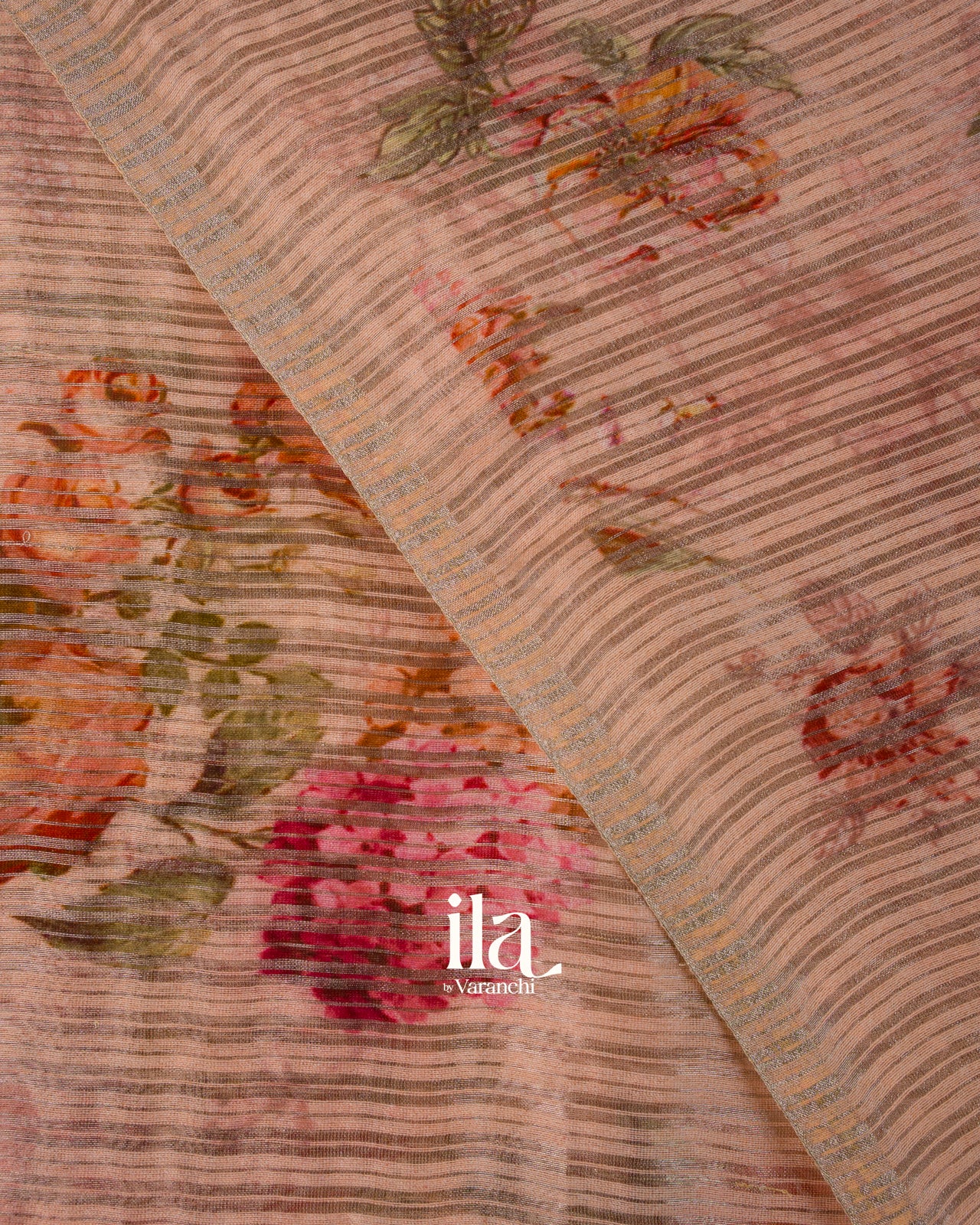 Blush Pink Striped and Floral Printed Cotton Tissue Saree