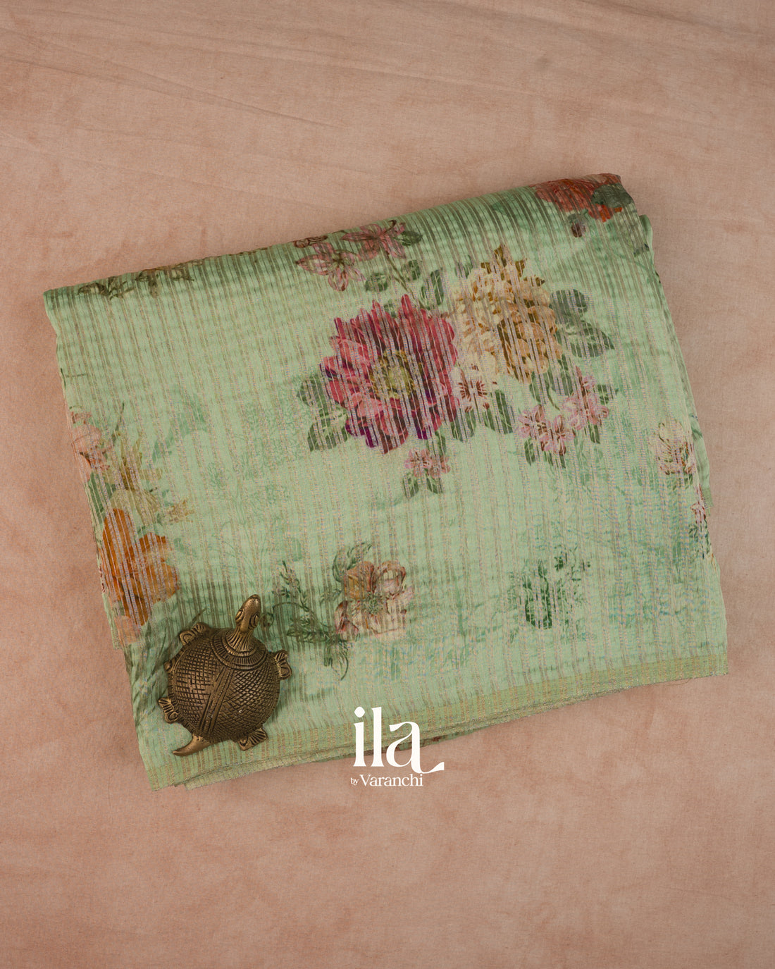 Sage Green Striped and Floral Printed Cotton Tissue Saree