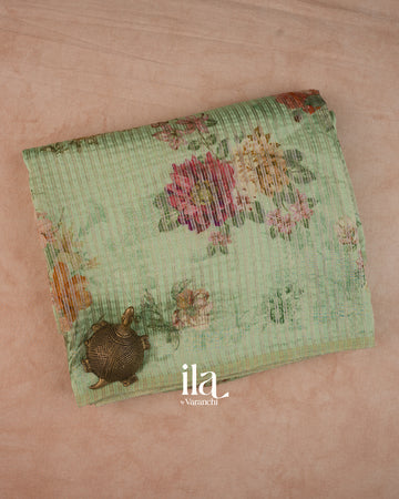 Sage Green Striped and Floral Printed Cotton Tissue Saree