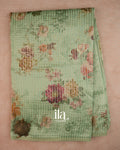 Sage Green Striped and Floral Printed Cotton Tissue Saree