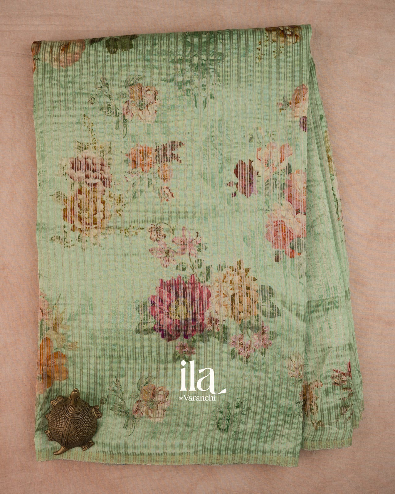 Sage Green Striped and Floral Printed Cotton Tissue Saree