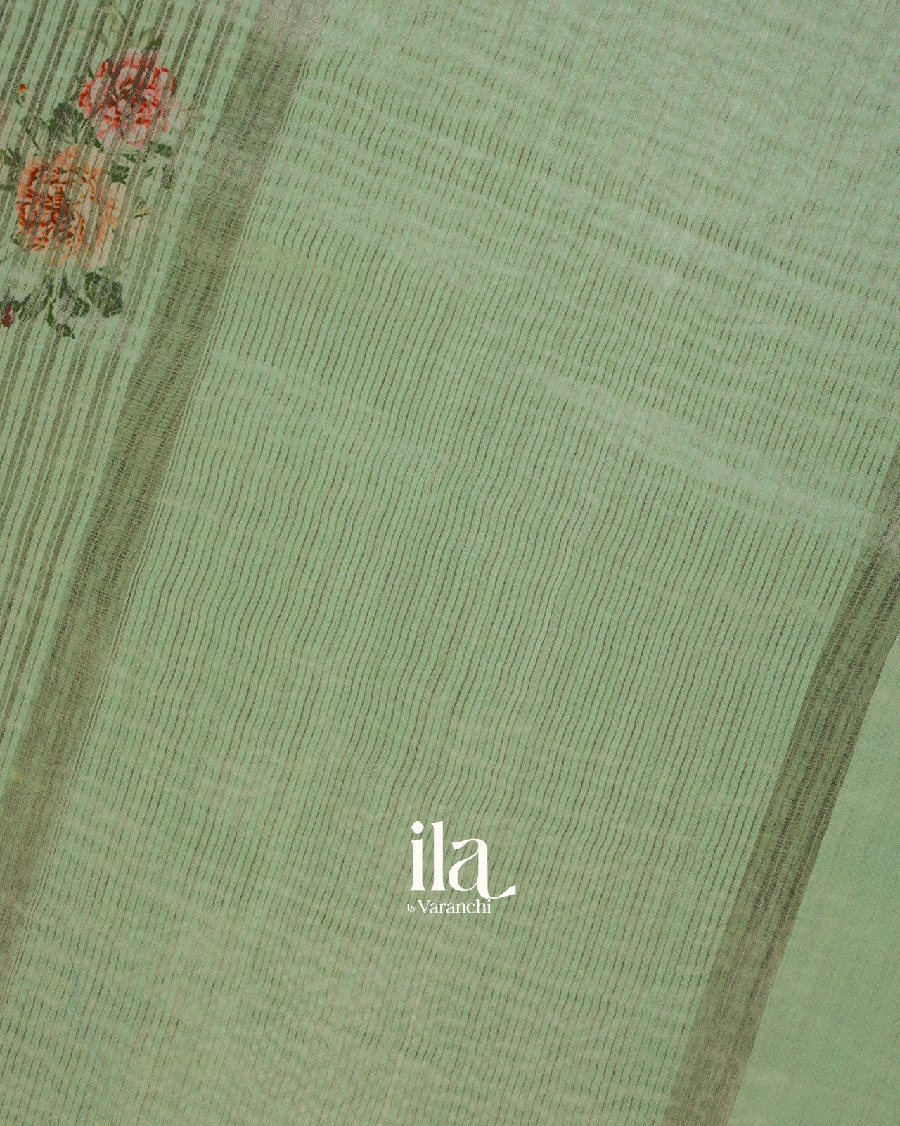 Sage Green Striped and Floral Printed Cotton Tissue Saree