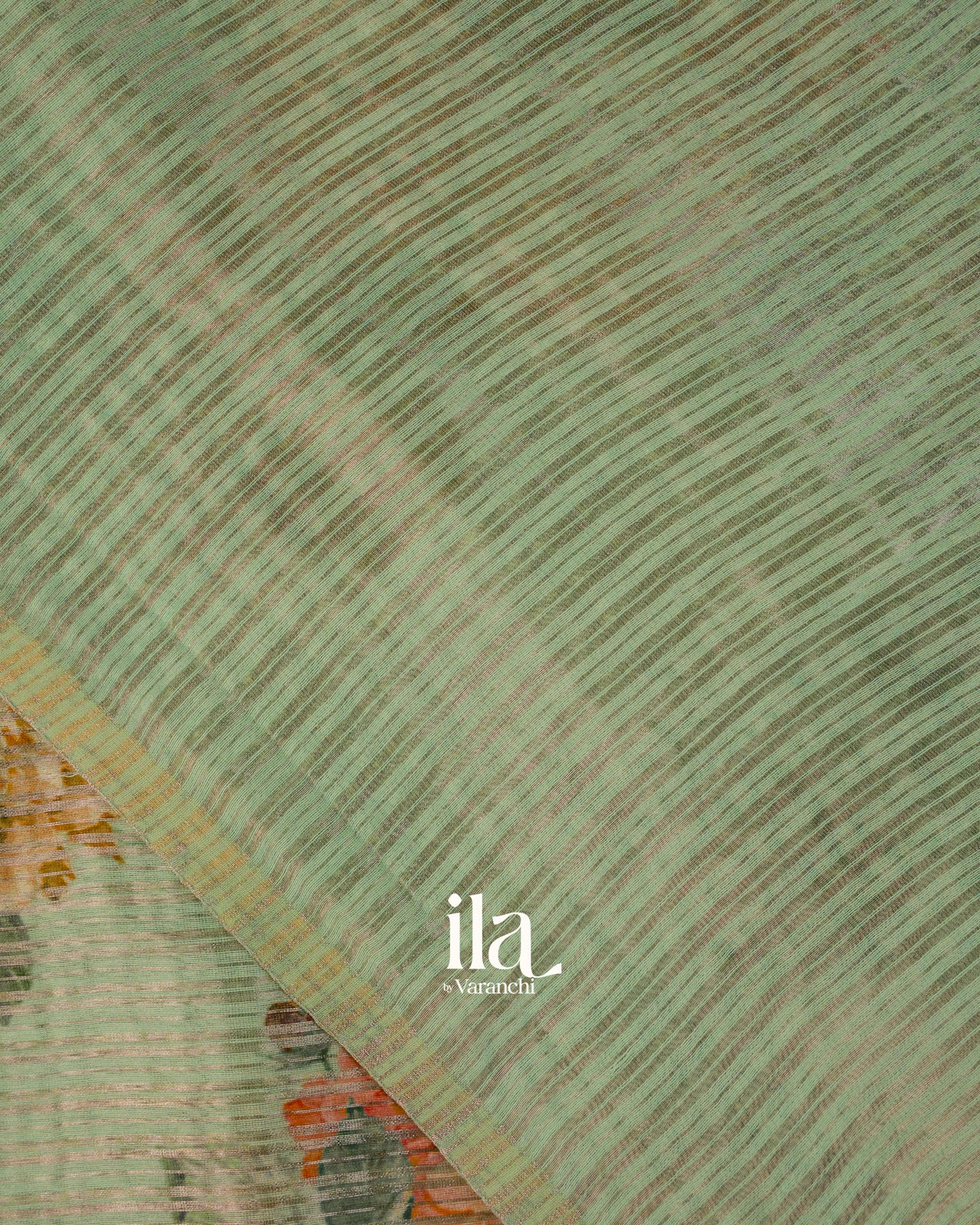 Sage Green Striped and Floral Printed Cotton Tissue Saree