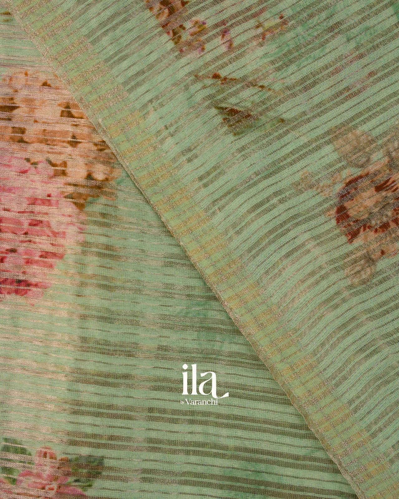 Sage Green Striped and Floral Printed Cotton Tissue Saree