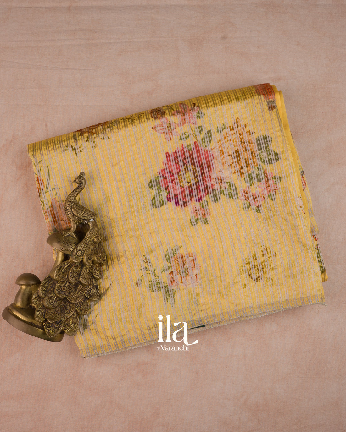 Yellow Striped and Floral Printed Cotton Tissue Saree