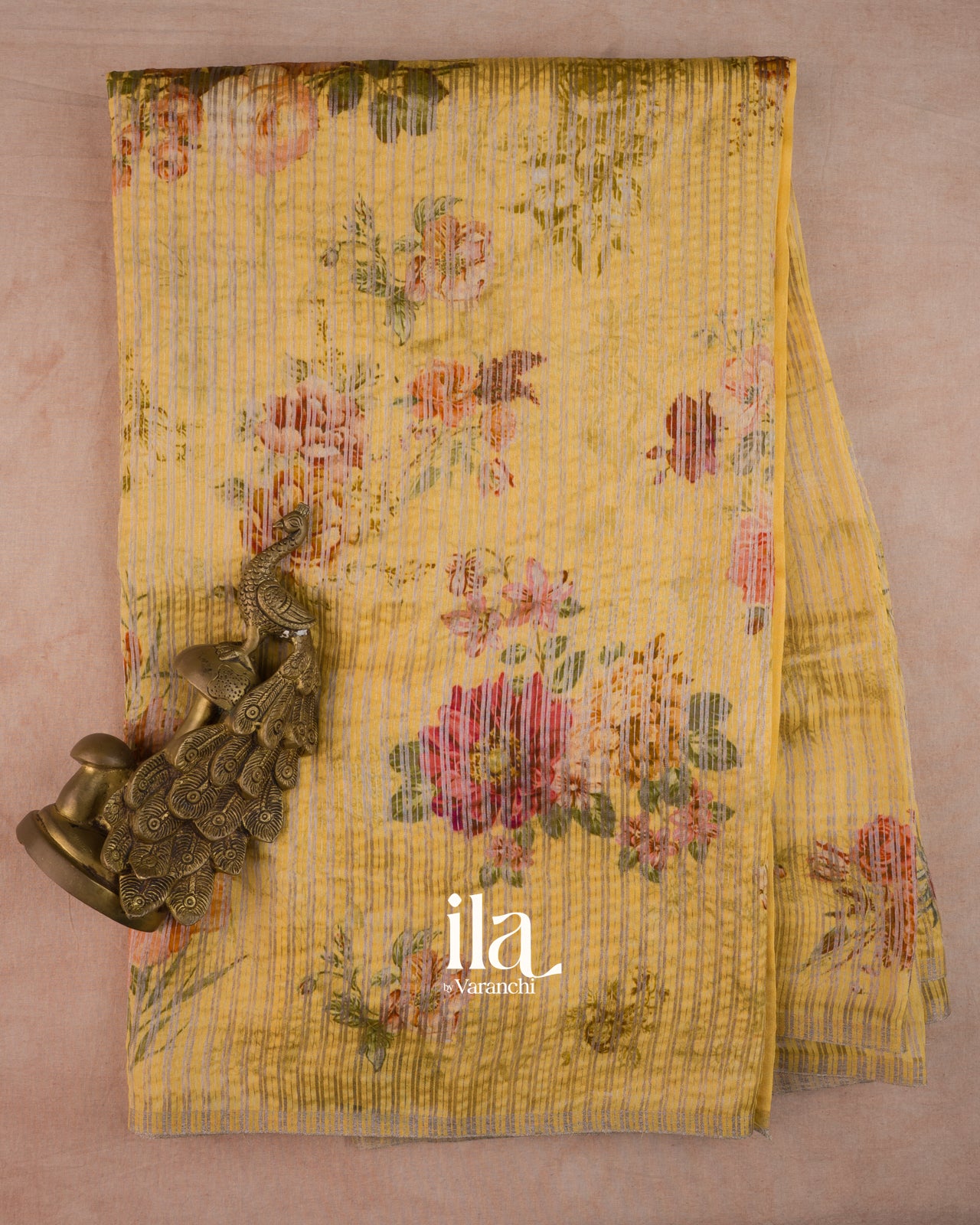 Yellow Striped and Floral Printed Cotton Tissue Saree