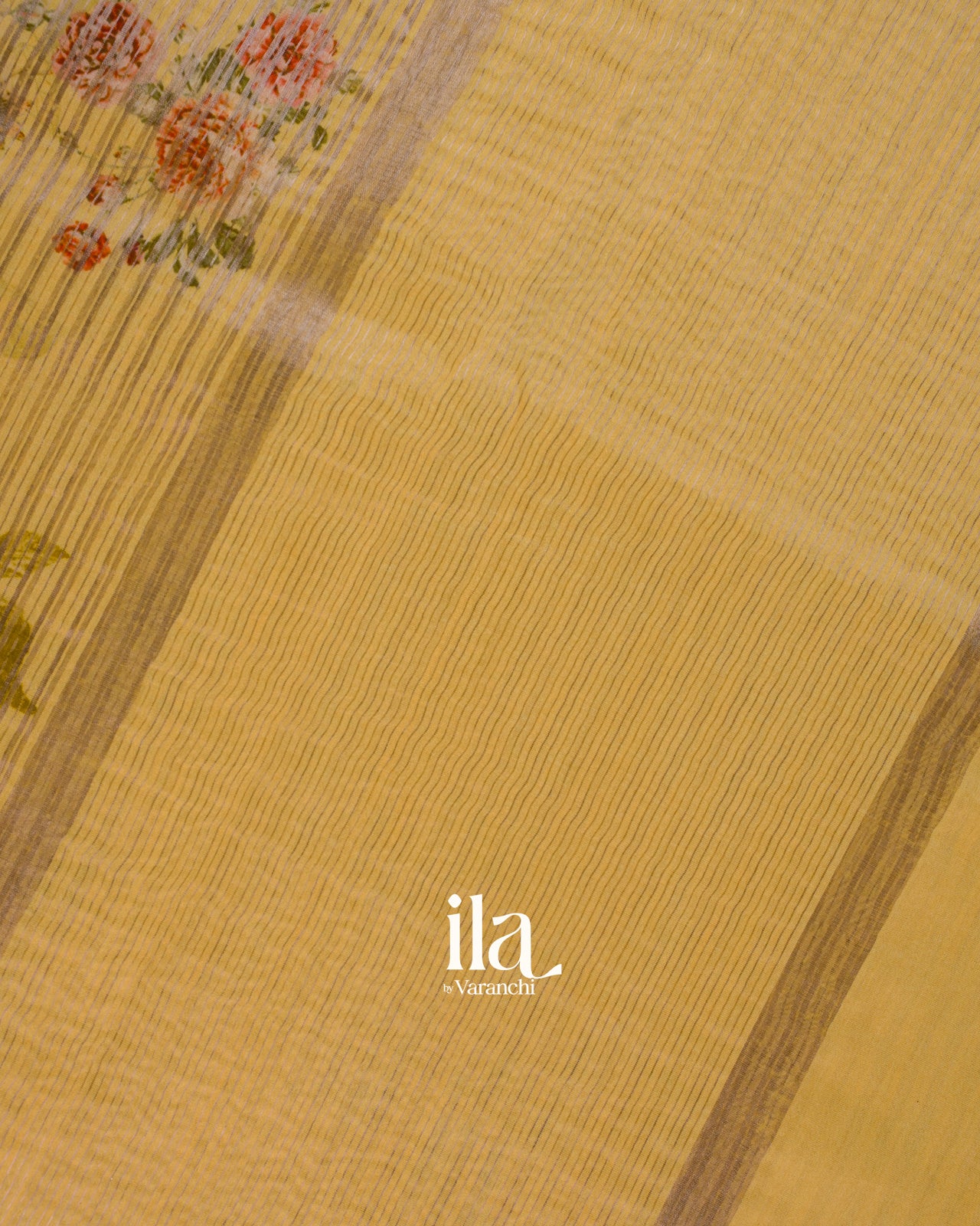 Yellow Striped and Floral Printed Cotton Tissue Saree