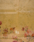 Yellow Striped and Floral Printed Cotton Tissue Saree