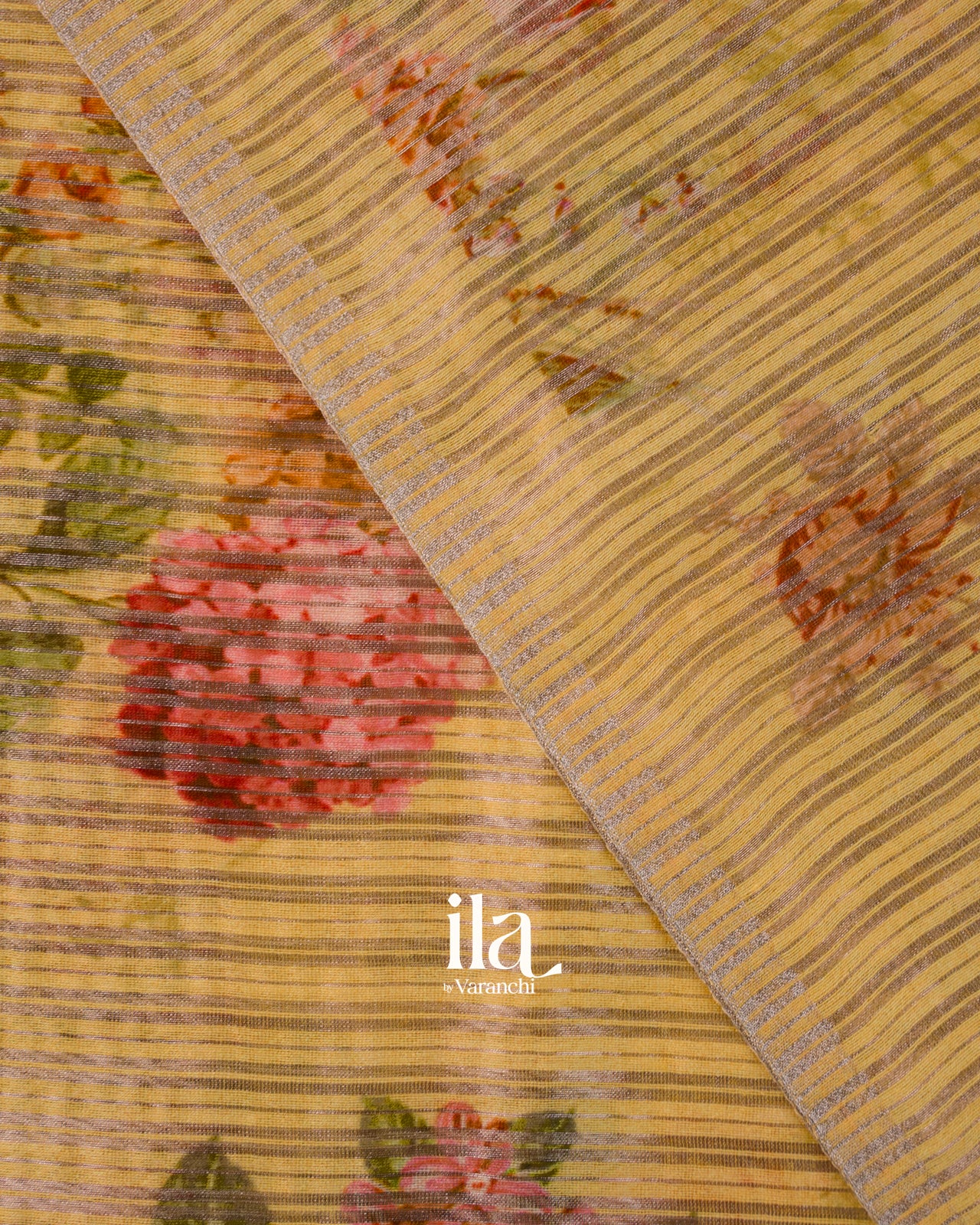 Yellow Striped and Floral Printed Cotton Tissue Saree