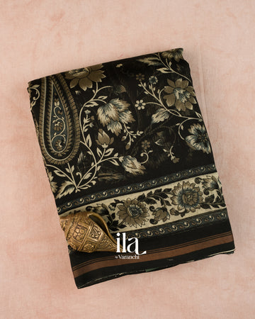 Black Digital Floral Printed Cotton Saree