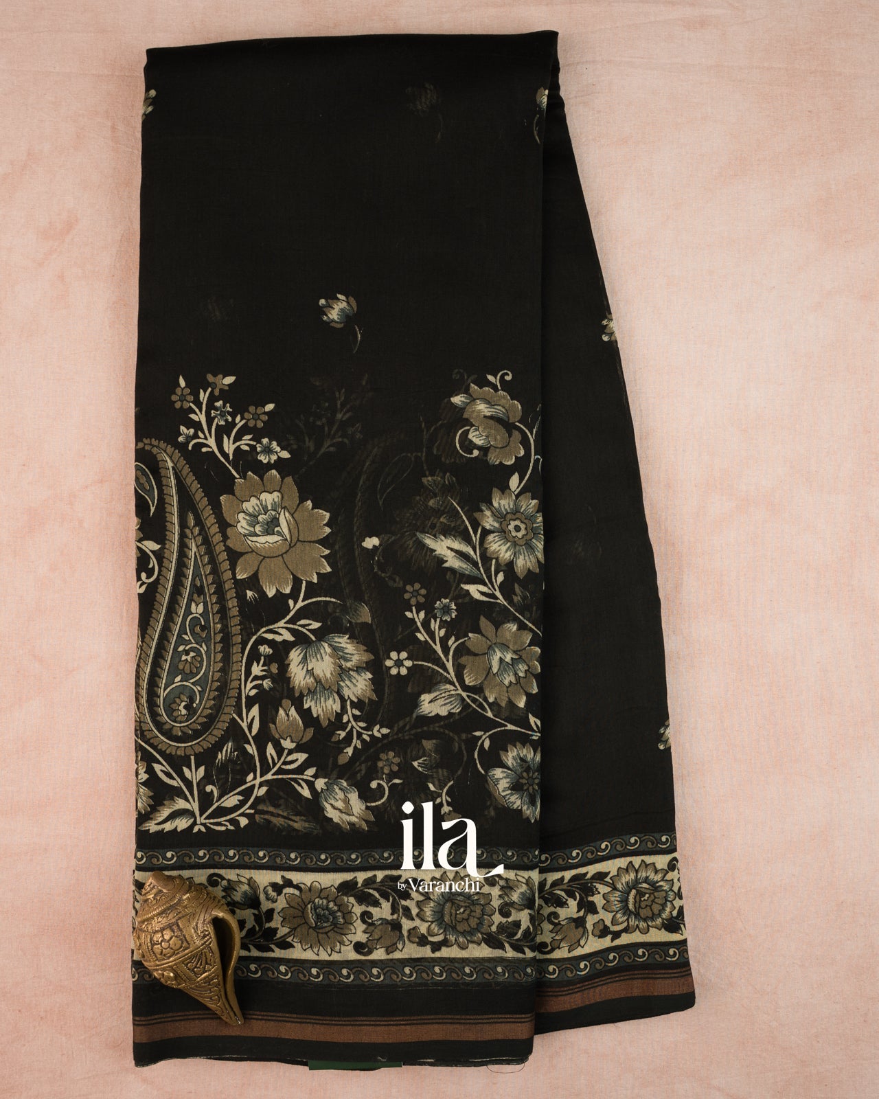 Black Digital Floral Printed Cotton Saree
